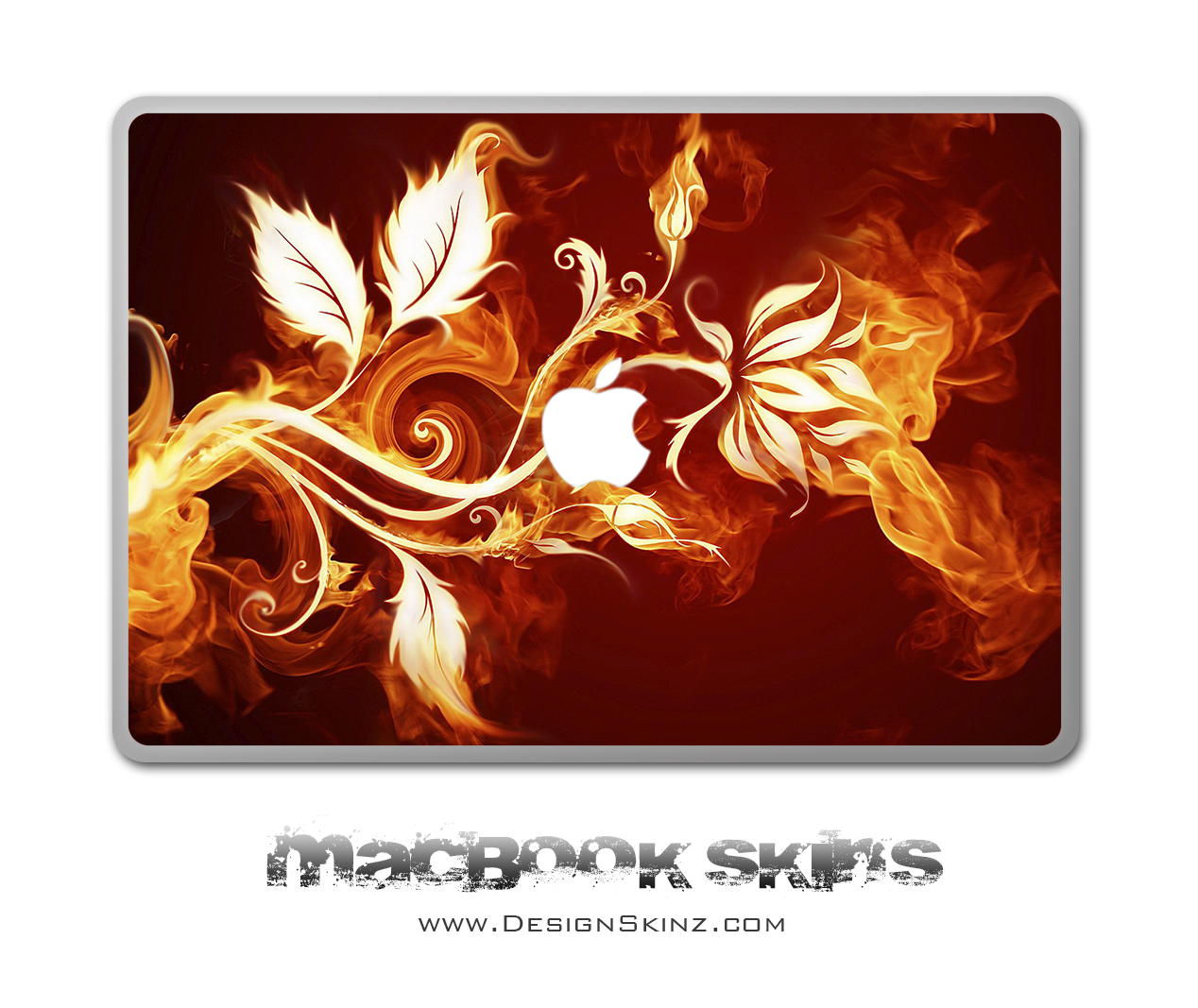 Flaming Branch MacBook Skin featuring vibrant design and Apple logo cutout, available for various MacBook sizes.