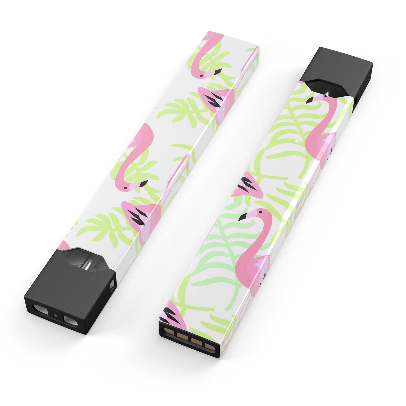 Flamingos Over Green Leaves skin-wrap for JUUL device, showcasing vibrant colors and intricate design.