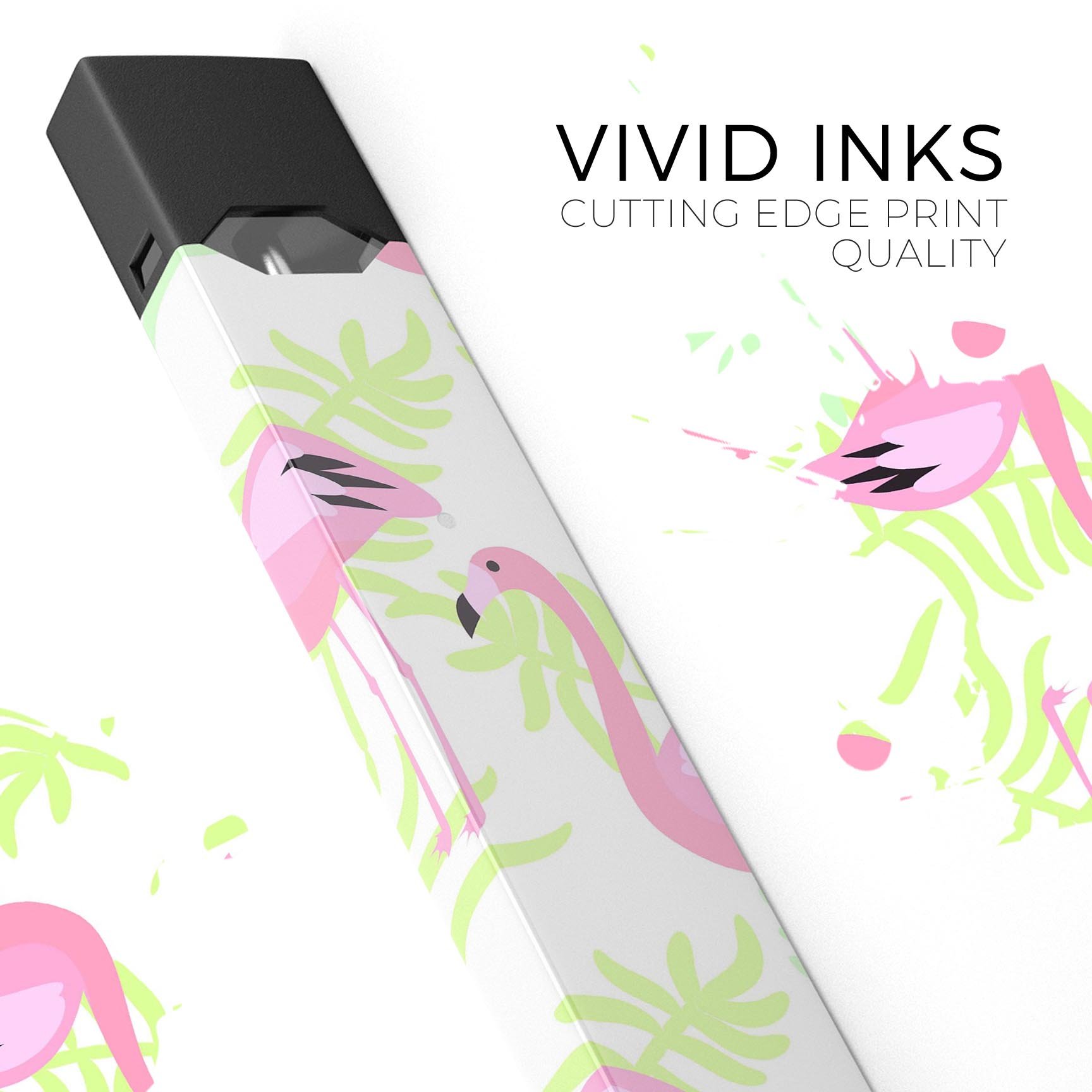 Flamingos Over Green Leaves skin-wrap for JUUL device, showcasing vibrant colors and intricate design.