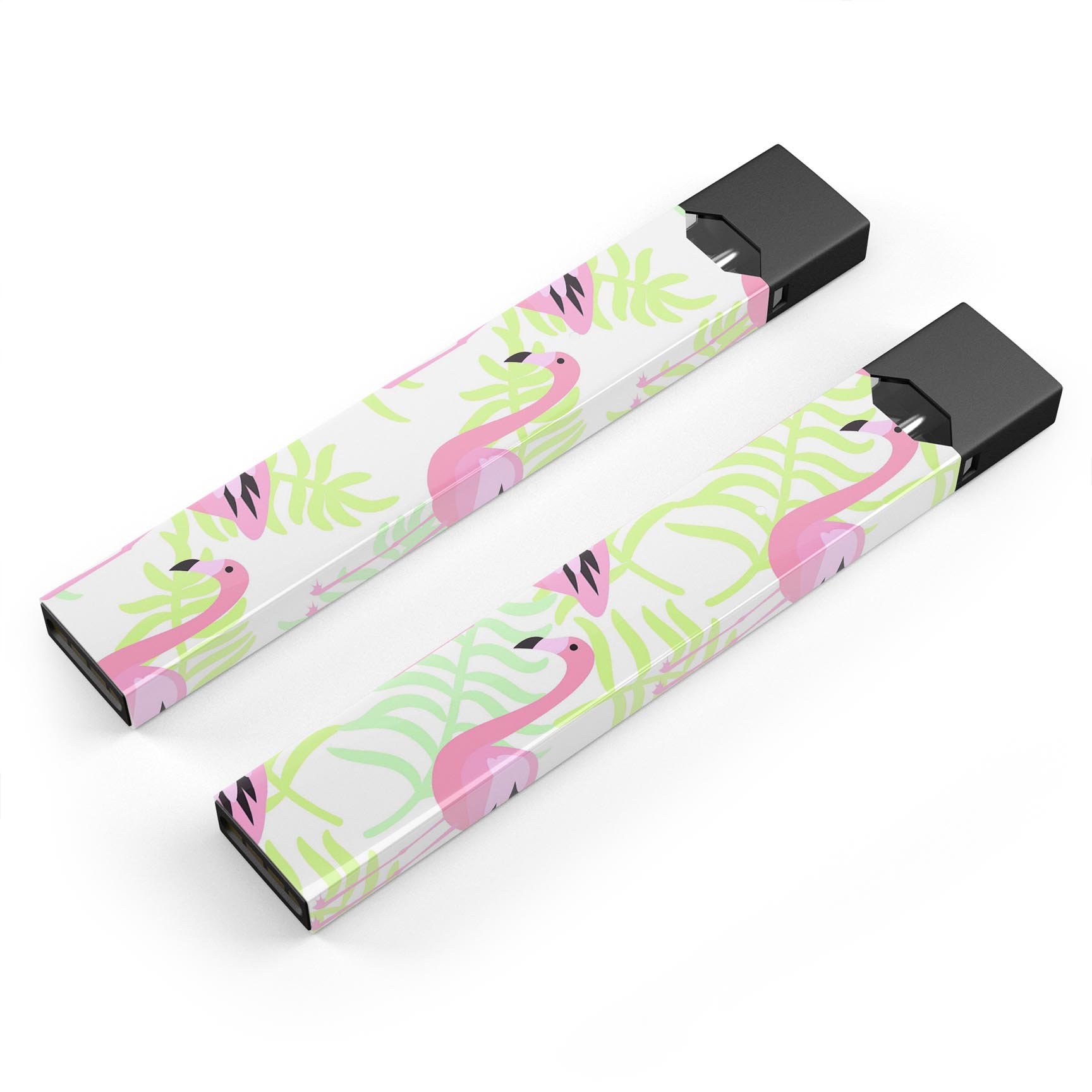 Flamingos Over Green Leaves skin-wrap for JUUL device, showcasing vibrant colors and intricate design.