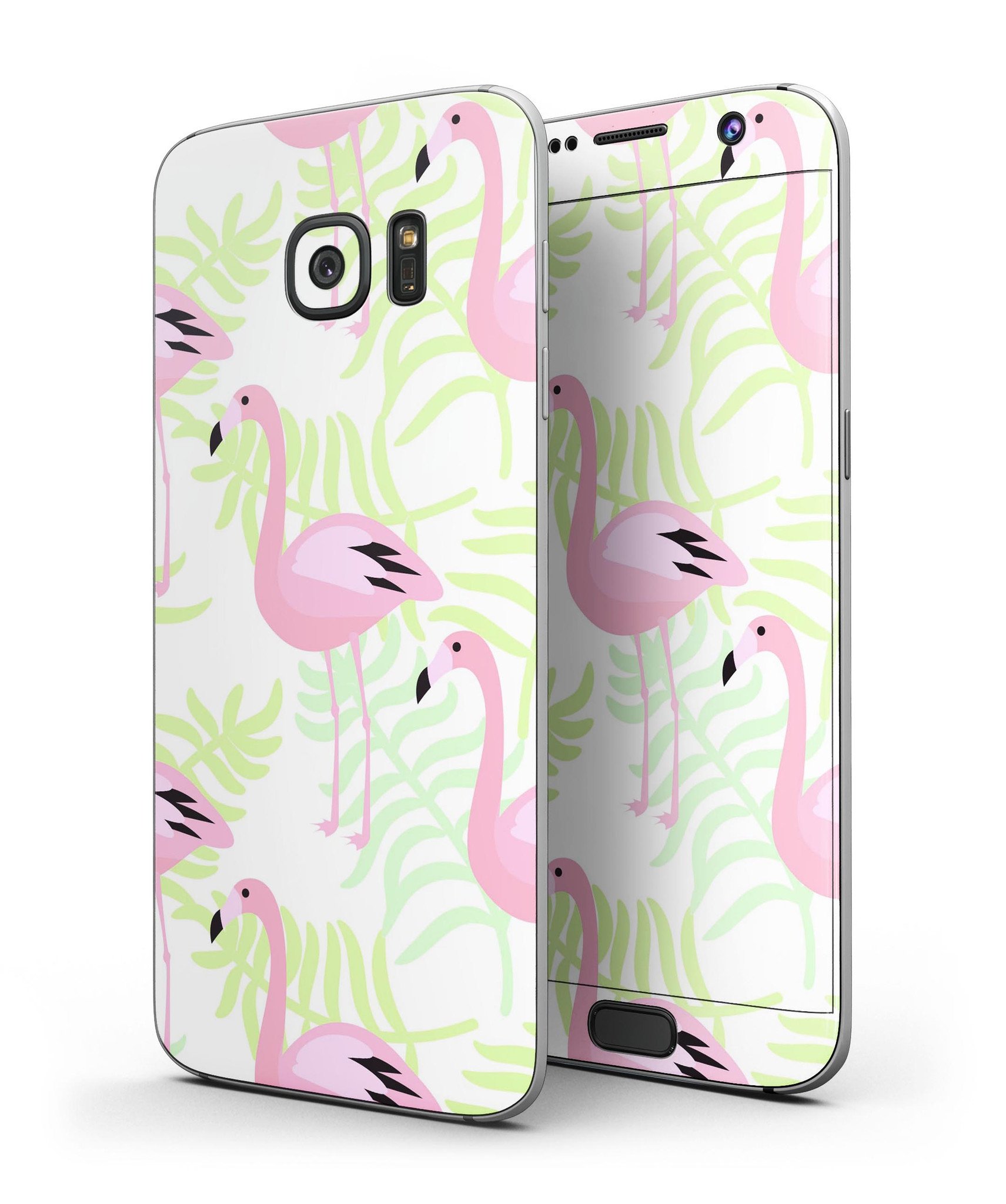 Full body skin kit featuring flamingos over green leaves design for Samsung Galaxy S7 and S7 Edge, showcasing vibrant colors and premium quality.