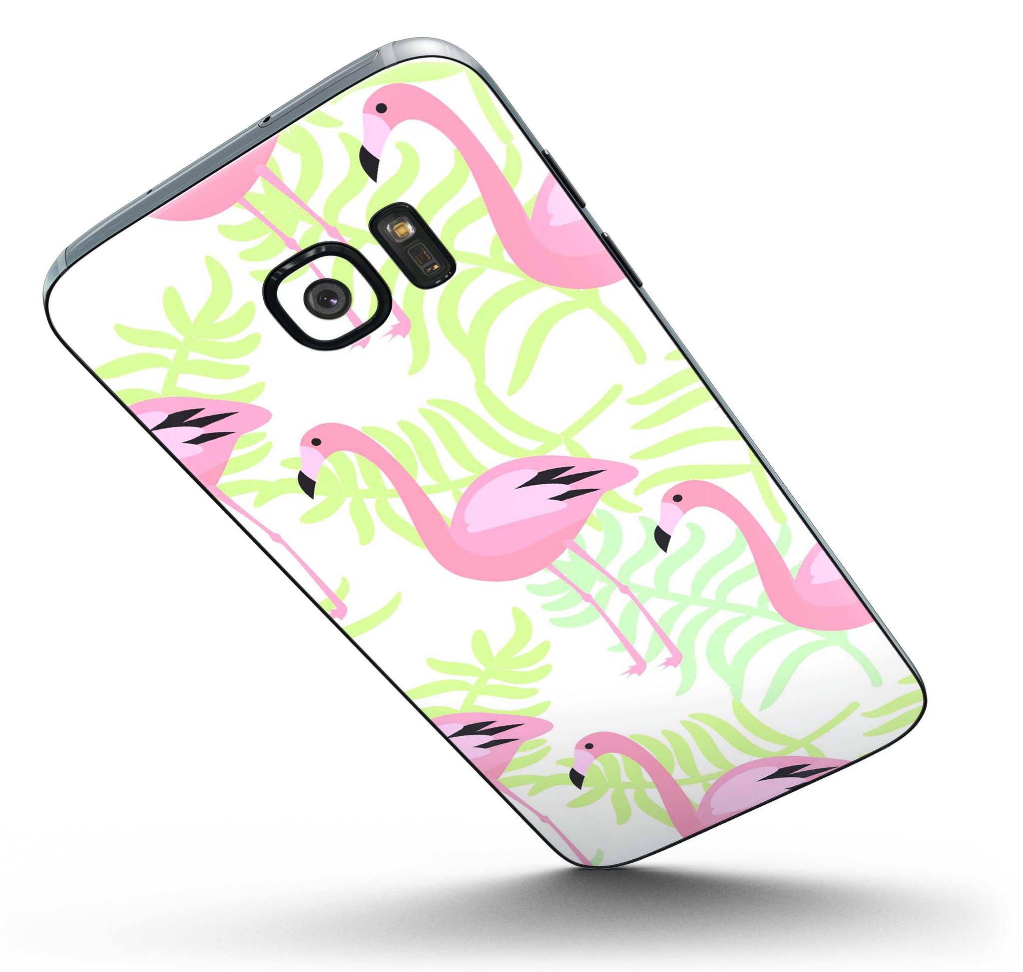 Full body skin kit featuring flamingos over green leaves design for Samsung Galaxy S7 and S7 Edge, showcasing vibrant colors and premium quality.