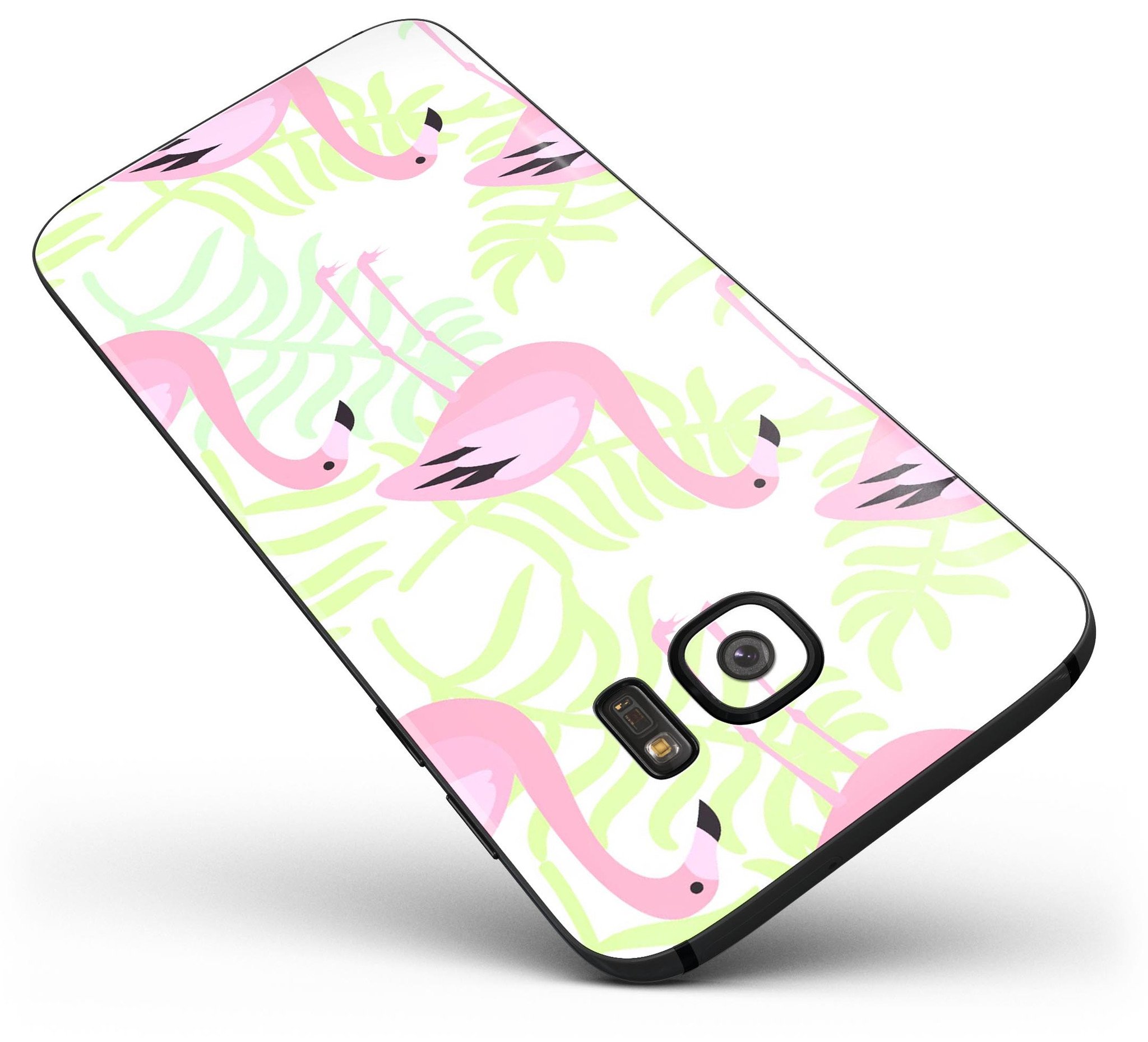 Full body skin kit featuring flamingos over green leaves design for Samsung Galaxy S7 and S7 Edge, showcasing vibrant colors and premium quality.