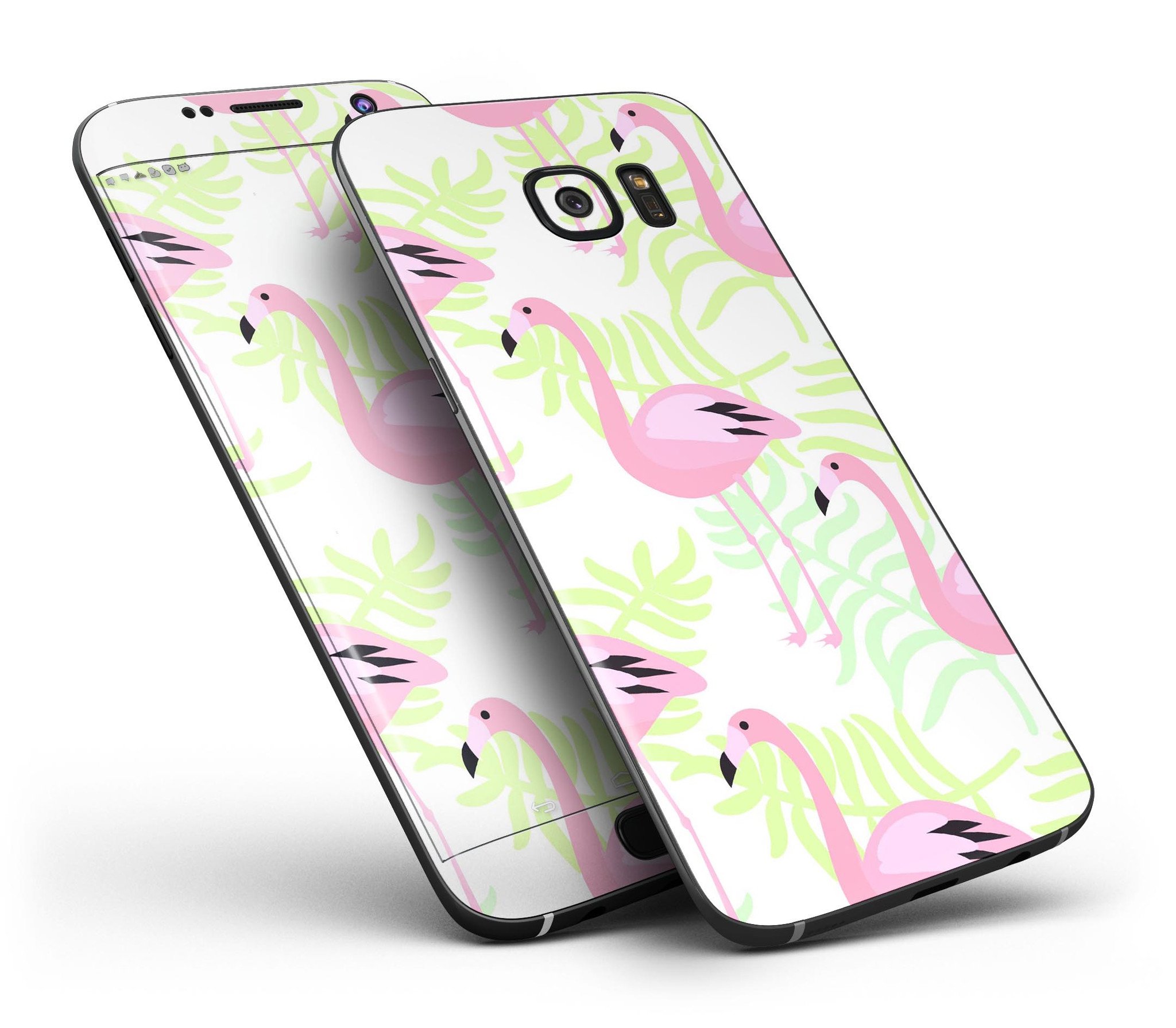 Full body skin kit featuring flamingos over green leaves design for Samsung Galaxy S7 and S7 Edge, showcasing vibrant colors and premium quality.