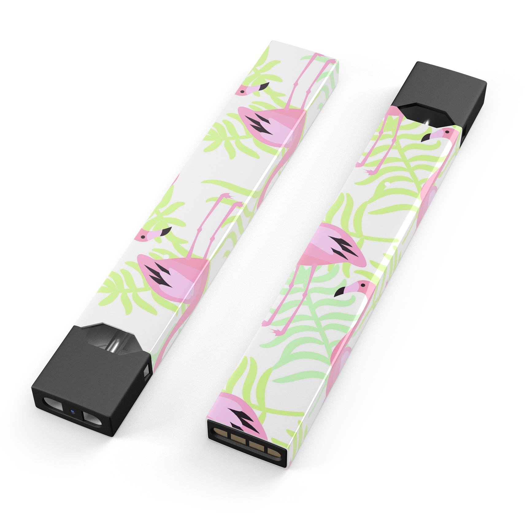 Flamingos Over Shades of Green Leaves decal skin for JUUL vaping device, showcasing vibrant colors and intricate design.