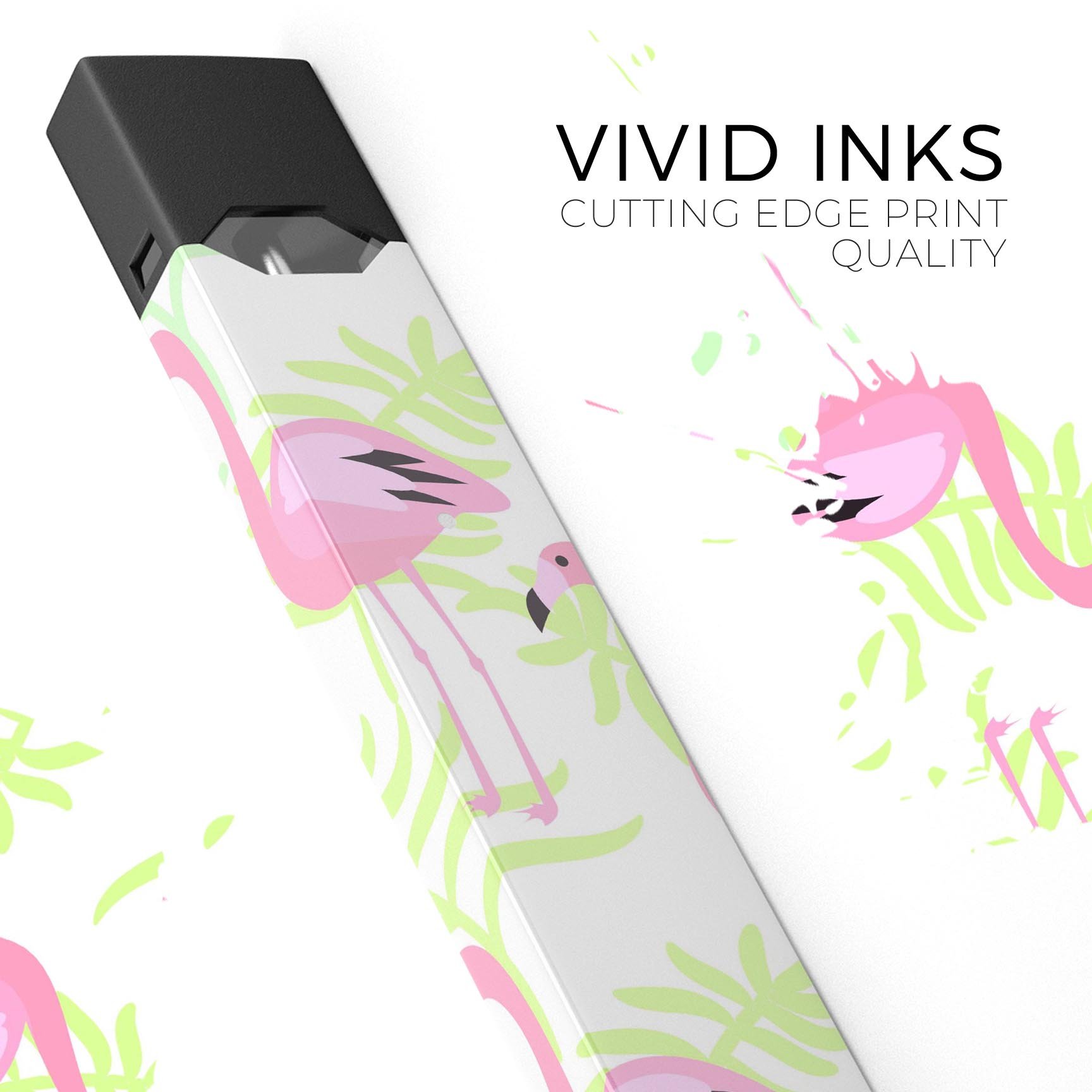 Flamingos Over Shades of Green Leaves decal skin for JUUL vaping device, showcasing vibrant colors and intricate design.