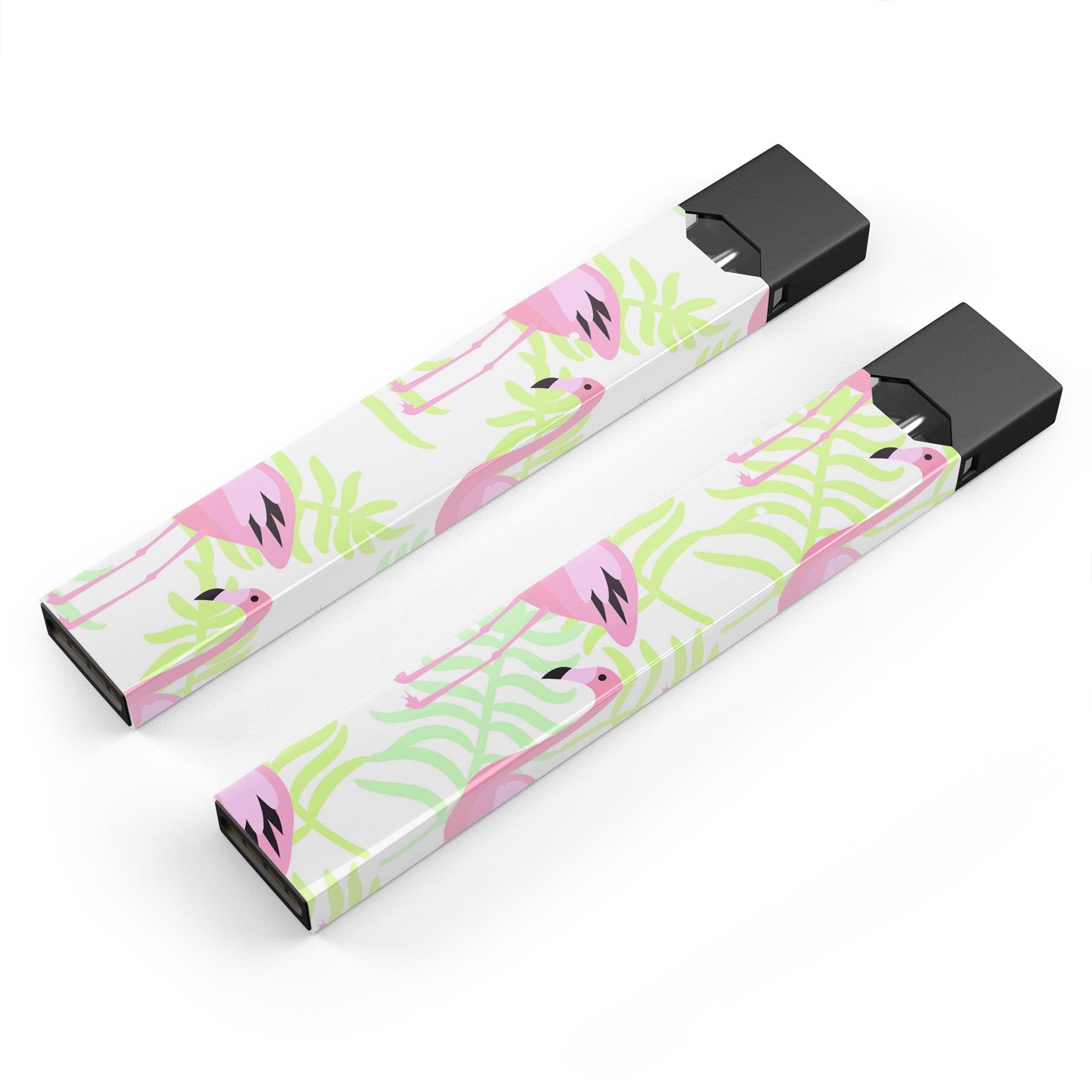 Flamingos Over Shades of Green Leaves decal skin for JUUL vaping device, showcasing vibrant colors and intricate design.