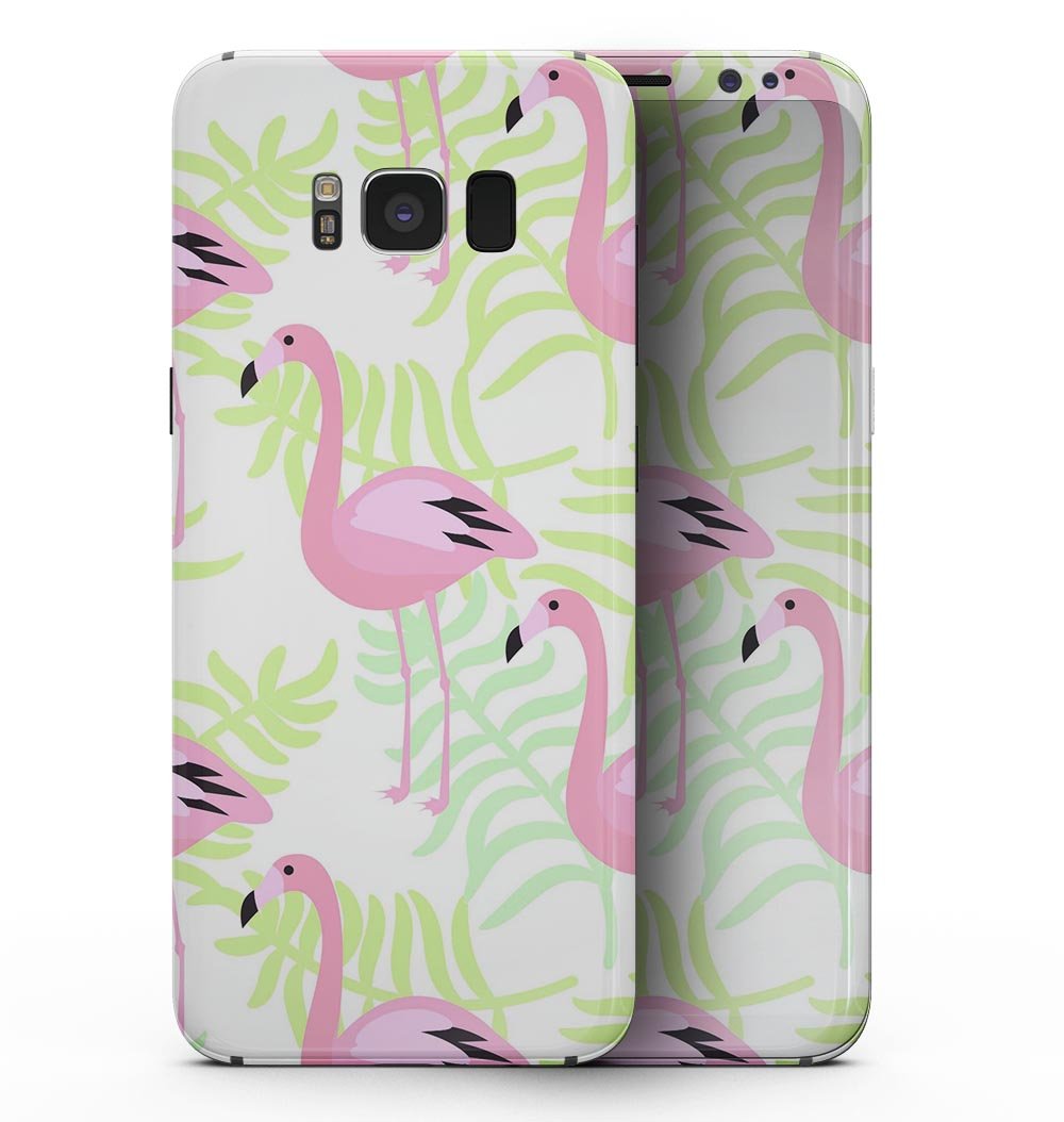 Flamingos Over Shades of Green Leaves skin for Samsung Galaxy S8, showcasing vibrant colors and intricate design on a sleek device.