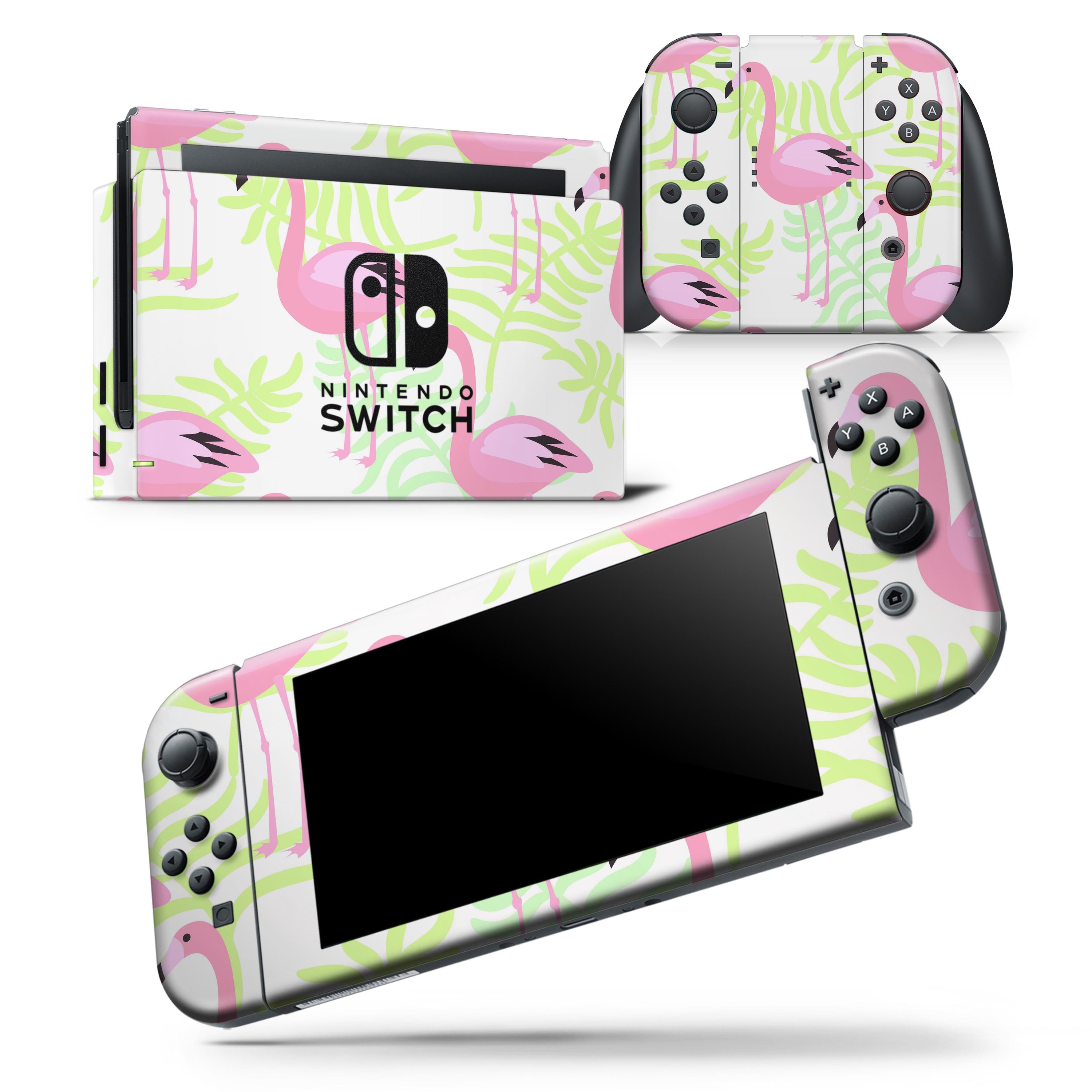 Flamingos Over Shades of Green Leaves skin wrap decal for Nintendo Switch, showcasing vibrant colors and intricate design.