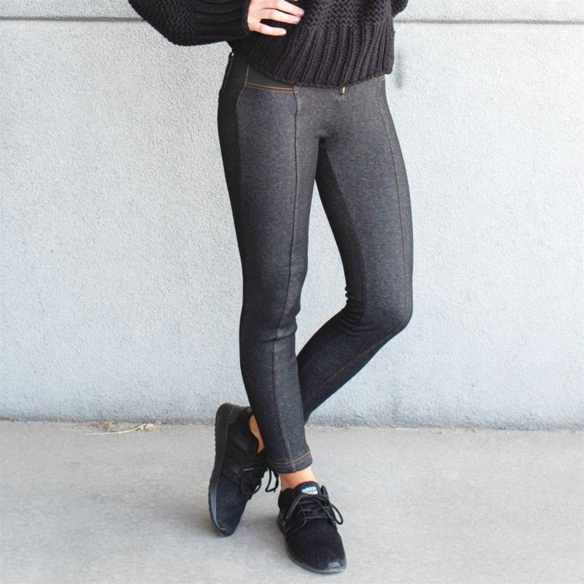 Fleece Lined Jegging Style 2 featuring front zipper, elastic sides, and back pockets, designed for comfort and style.