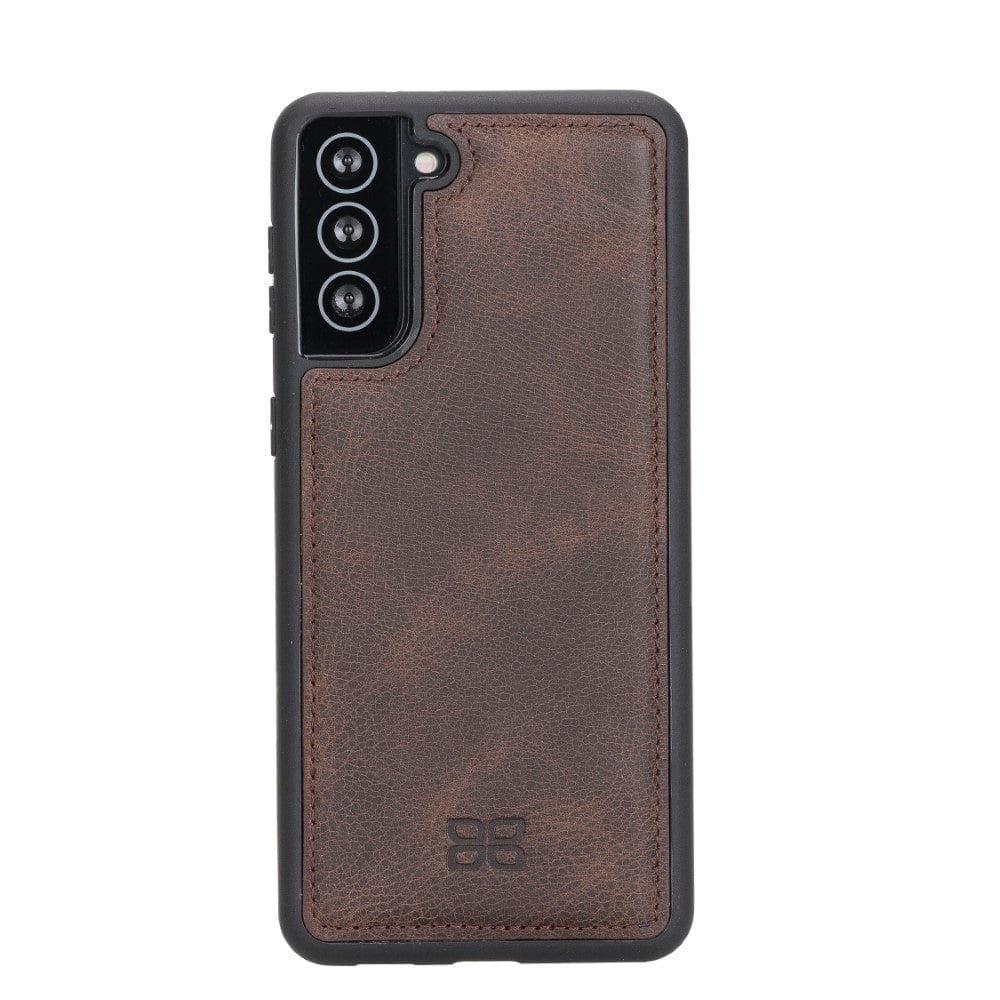 Flex Cover Back Leather Case for Samsung Galaxy S21 Series, showcasing genuine leather craftsmanship and flexible design.