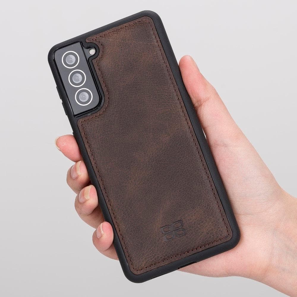 Flex Cover Back Leather Case for Samsung Galaxy S21 Series, showcasing genuine leather craftsmanship and flexible design.