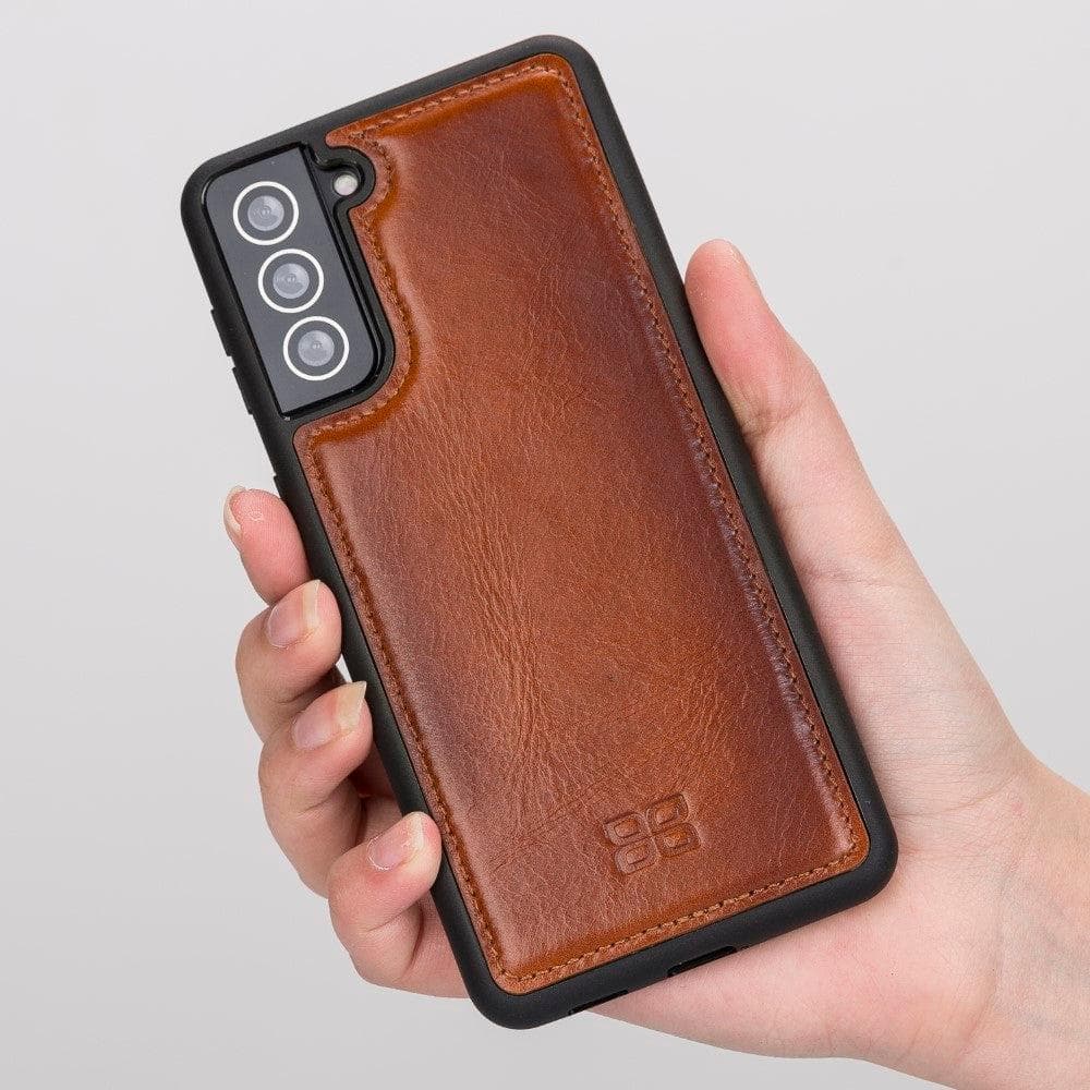 Flex Cover Back Leather Case for Samsung Galaxy S21 Series, showcasing genuine leather craftsmanship and flexible design.