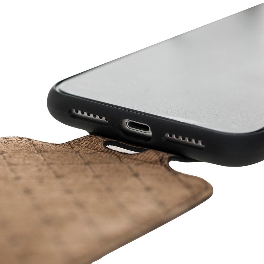 Bouletta Flip Leather Case for Apple iPhone X and XS in elegant design, showcasing natural leather and magnetic closure.