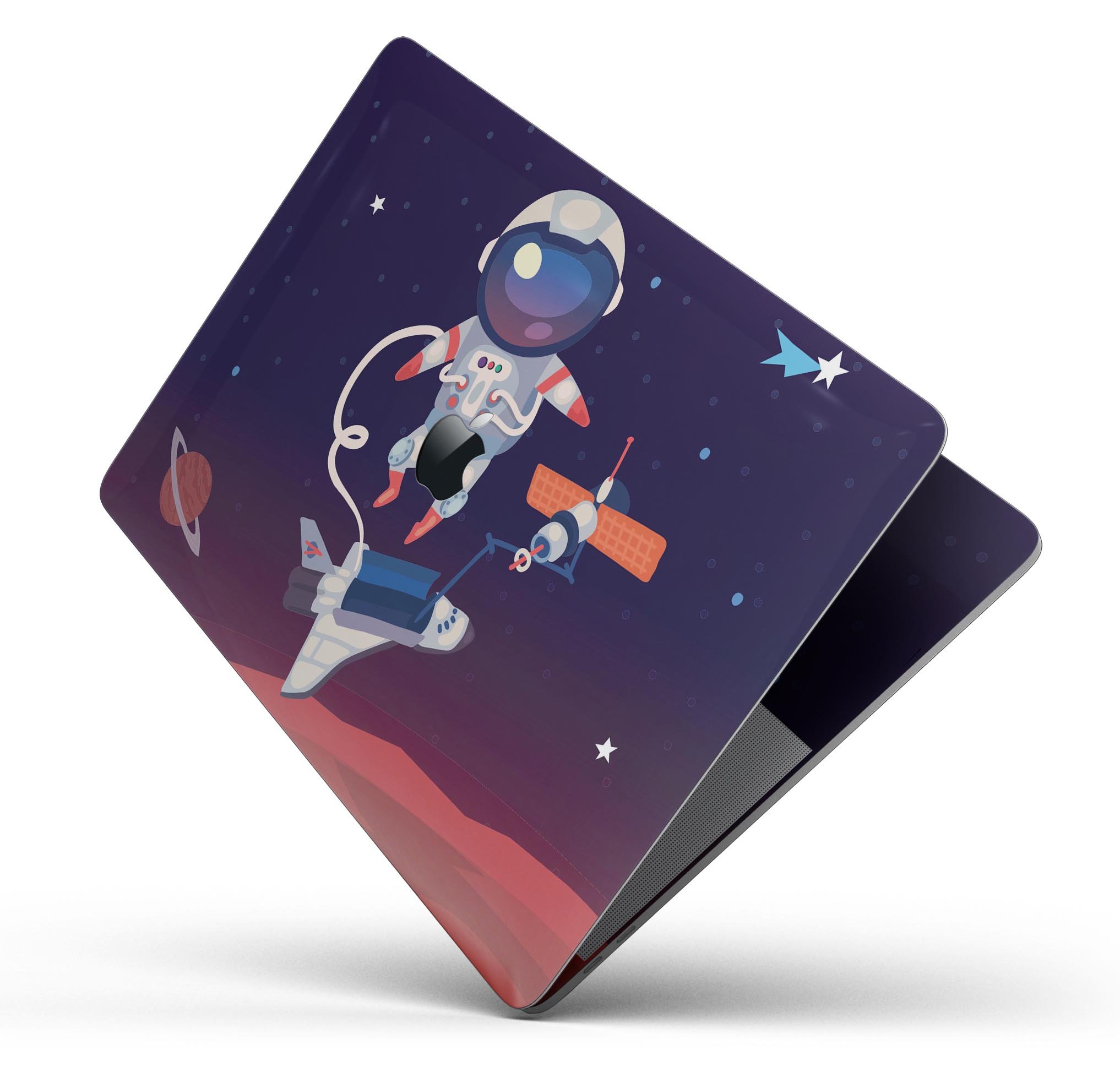 Floating Cartoon Astronaut skin decal wrap kit for MacBook, showcasing vibrant colors and a sleek design.