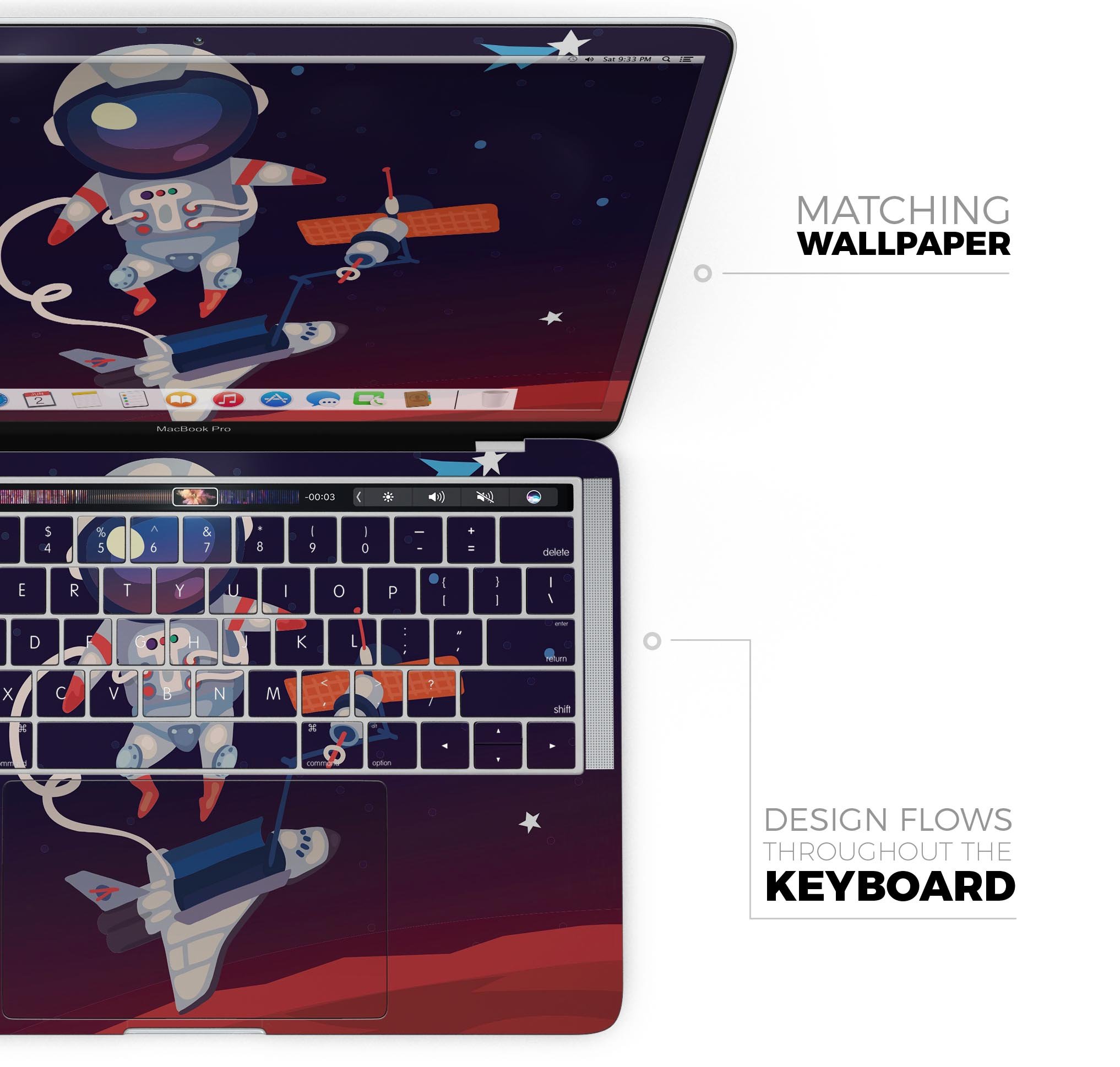 Floating Cartoon Astronaut skin decal wrap kit for MacBook, showcasing vibrant colors and a sleek design.