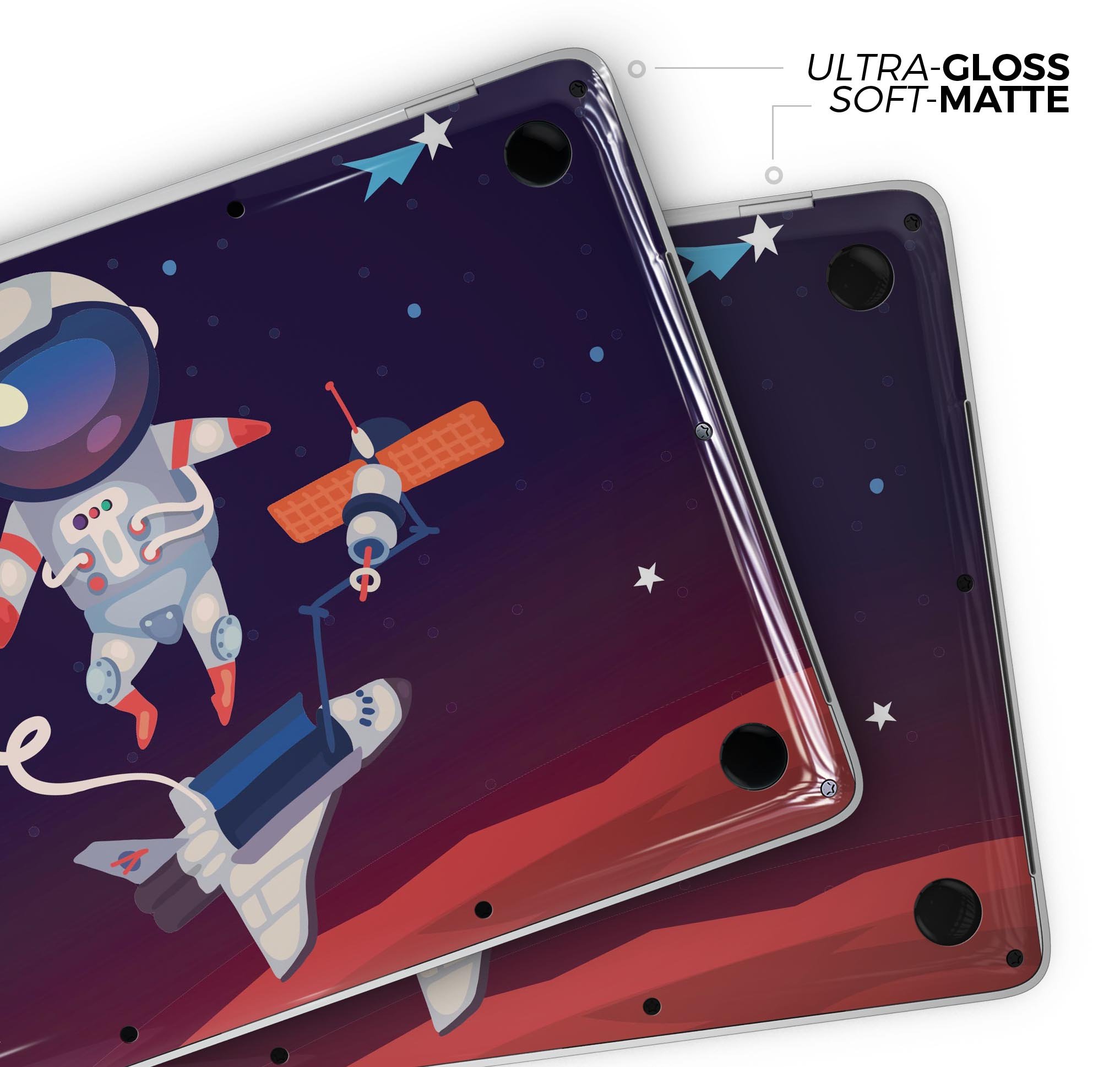 Floating Cartoon Astronaut skin decal wrap kit for MacBook, showcasing vibrant colors and a sleek design.