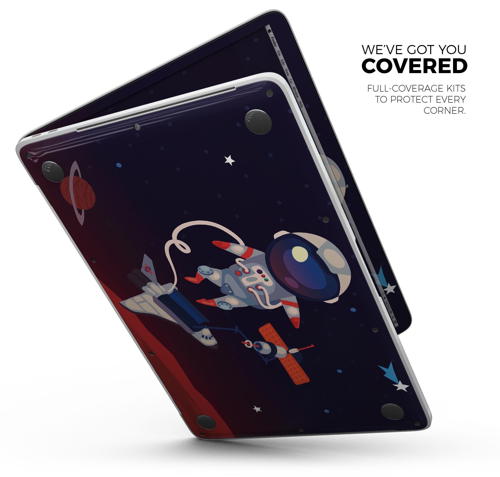 Floating Cartoon Astronaut skin decal wrap kit for MacBook, showcasing vibrant colors and a sleek design.