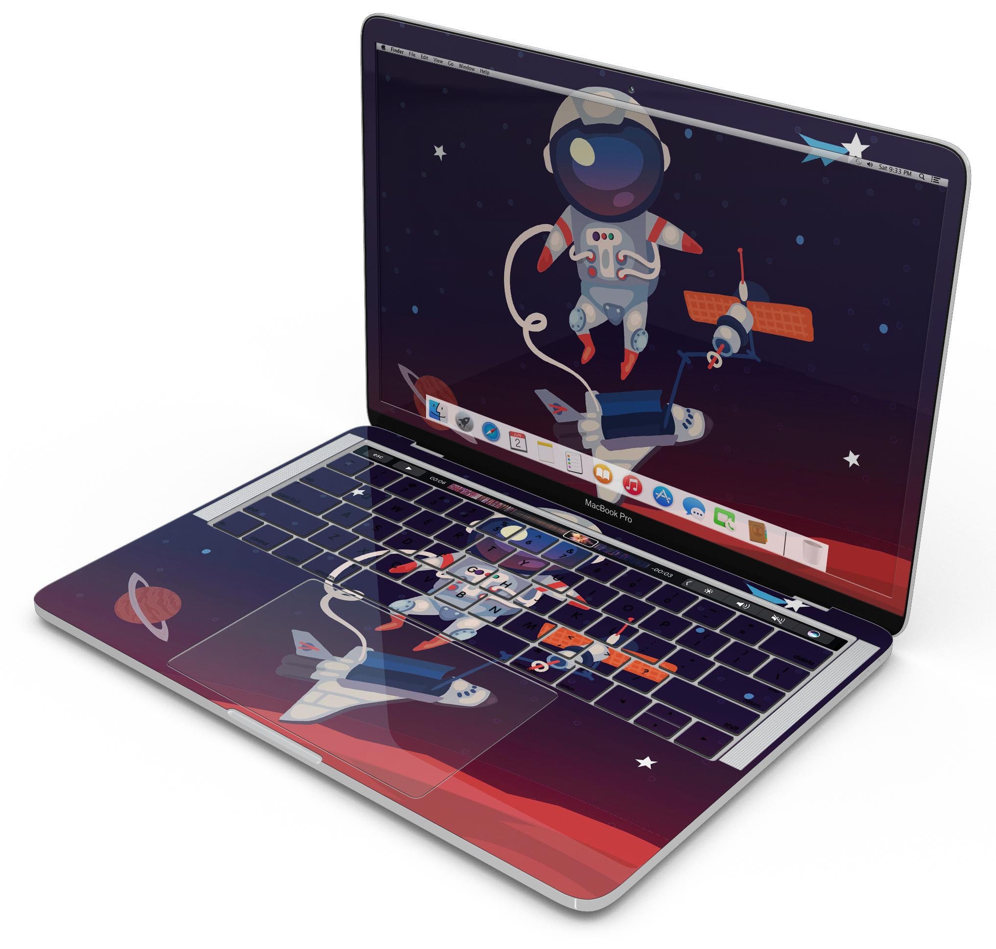 Floating Cartoon Astronaut skin decal wrap kit for MacBook, showcasing vibrant colors and a sleek design.