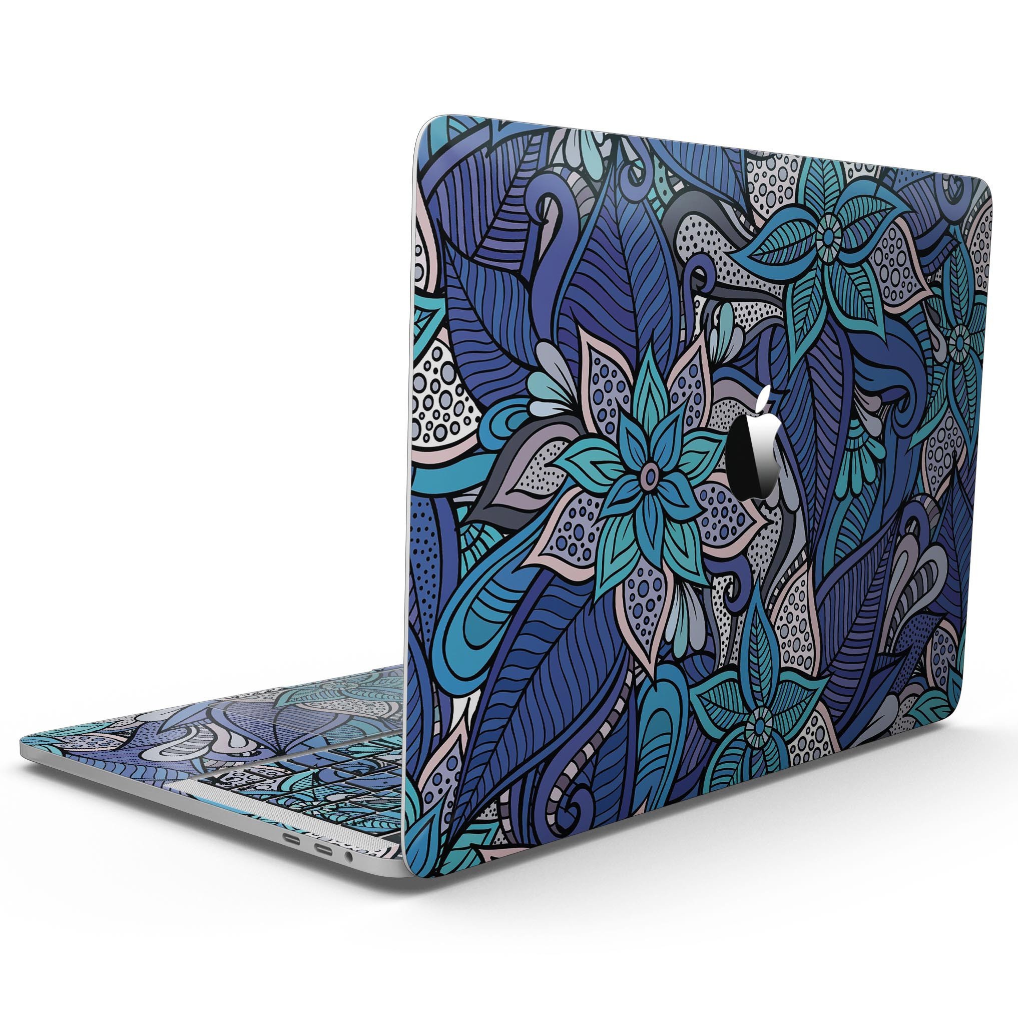 Floral Blues skin kit for 13" MacBook Pro without Touch Bar, showcasing vibrant floral patterns on a sleek device.