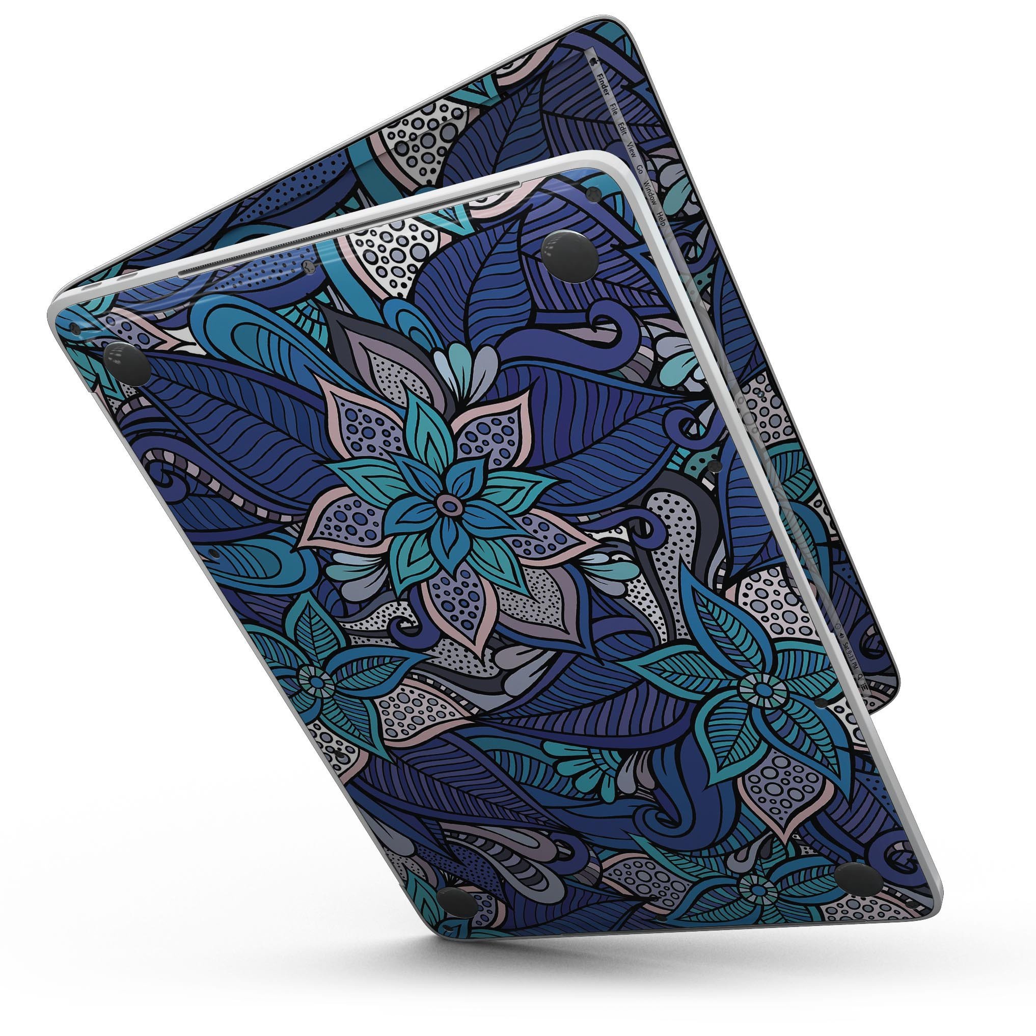 Floral Blues skin kit for 13" MacBook Pro without Touch Bar, showcasing vibrant floral patterns on a sleek device.