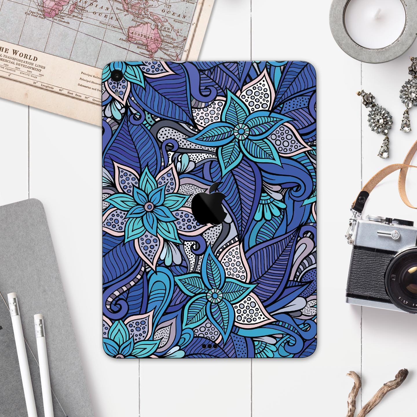 Floral Blues full body skin decal for Apple iPad Pro, showcasing vibrant floral design and premium 3M material.