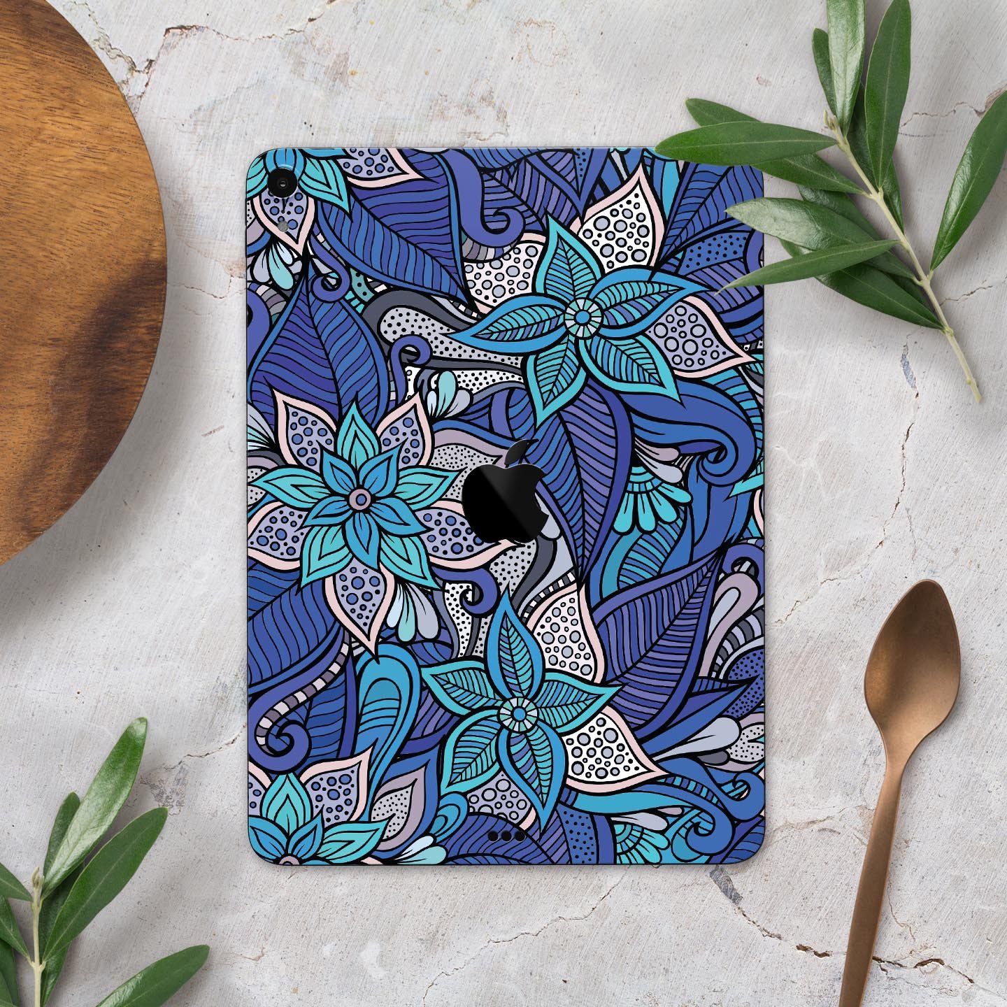 Floral Blues full body skin decal for Apple iPad Pro, showcasing vibrant floral design and premium 3M material.