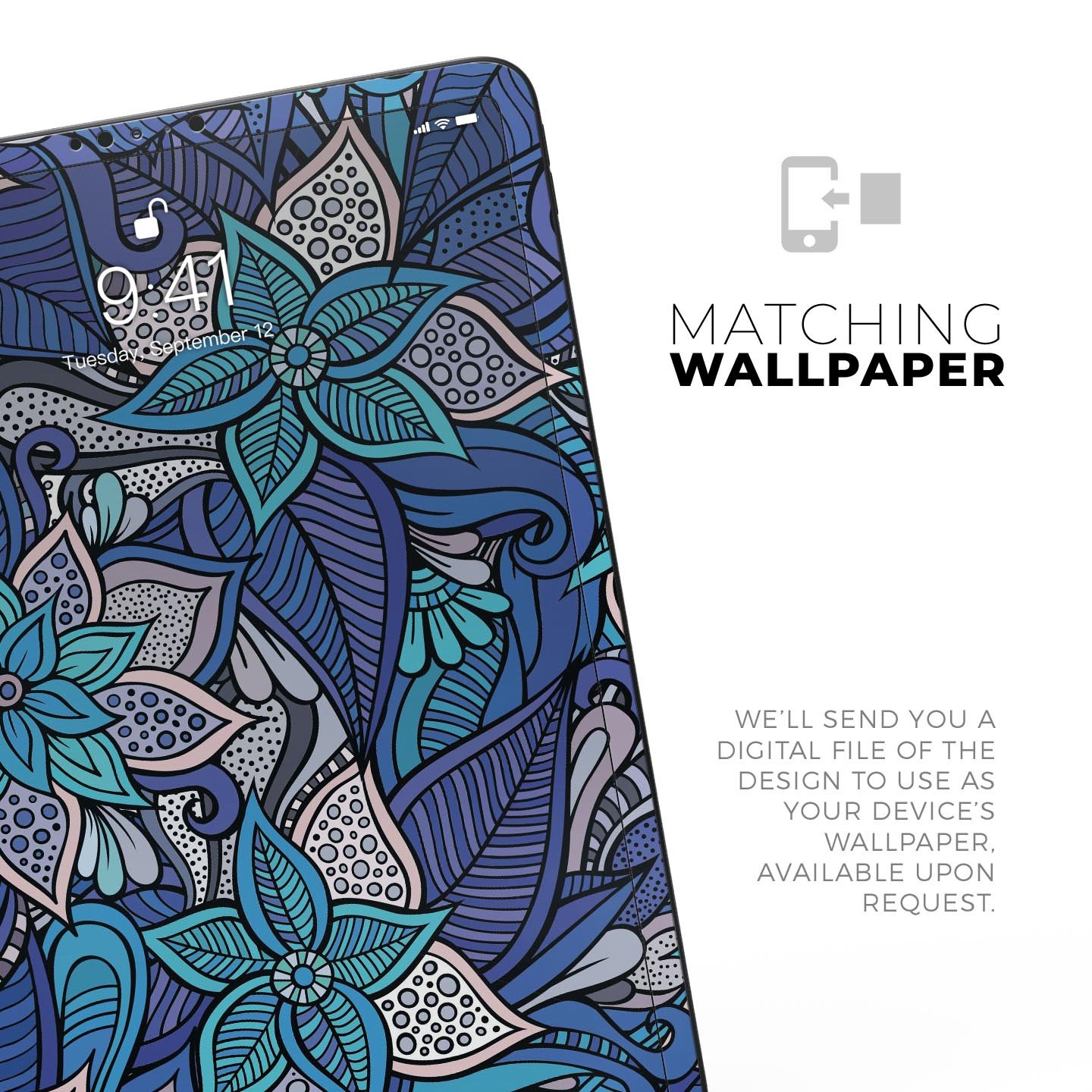 Floral Blues full body skin decal for Apple iPad Pro, showcasing vibrant floral design and premium 3M material.