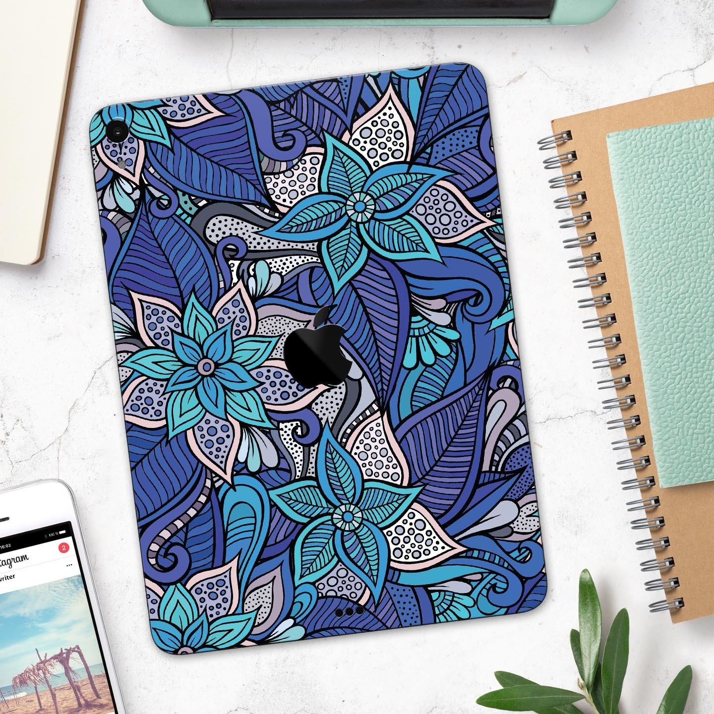 Floral Blues full body skin decal for Apple iPad Pro, showcasing vibrant floral design and premium 3M material.