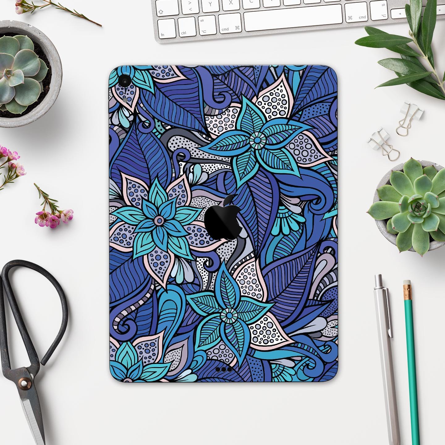 Floral Blues full body skin decal for Apple iPad Pro, showcasing vibrant floral design and premium 3M material.