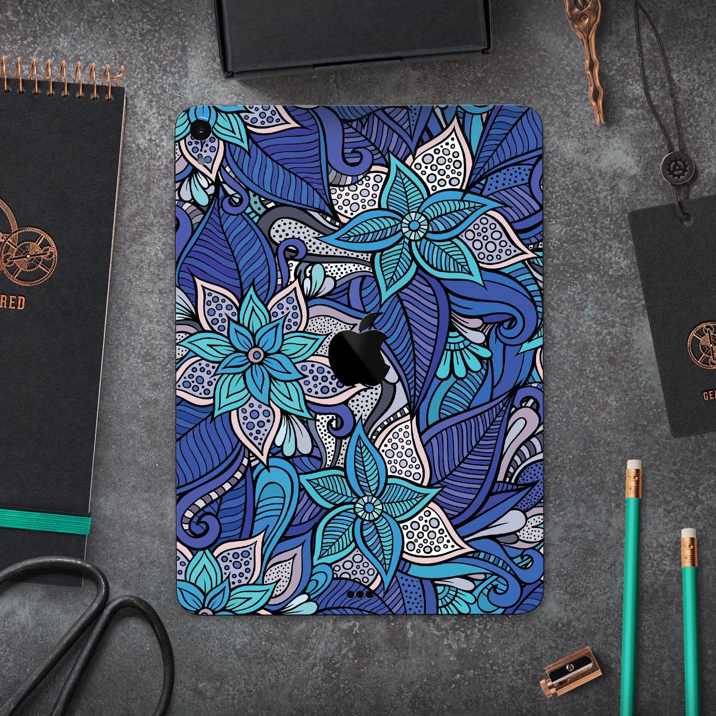 Floral Blues full body skin decal for Apple iPad Pro, showcasing vibrant floral design and premium 3M material.