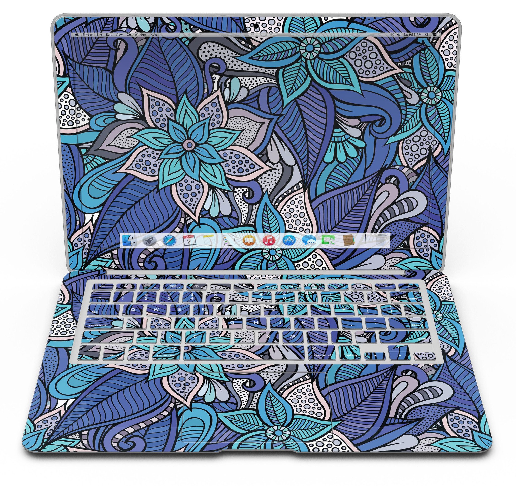 Floral Blues MacBook Air Skin Kit showcasing vibrant floral design on a sleek MacBook Air.