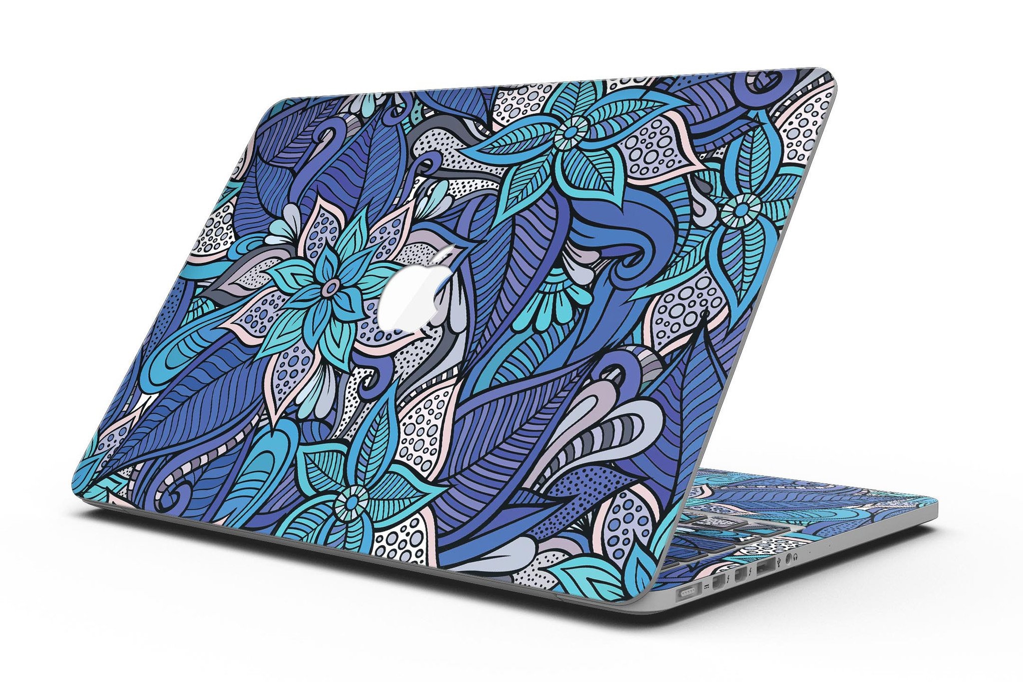 Floral Blues skin kit for MacBook Pro with Retina Display, showcasing vibrant floral design on a sleek laptop.