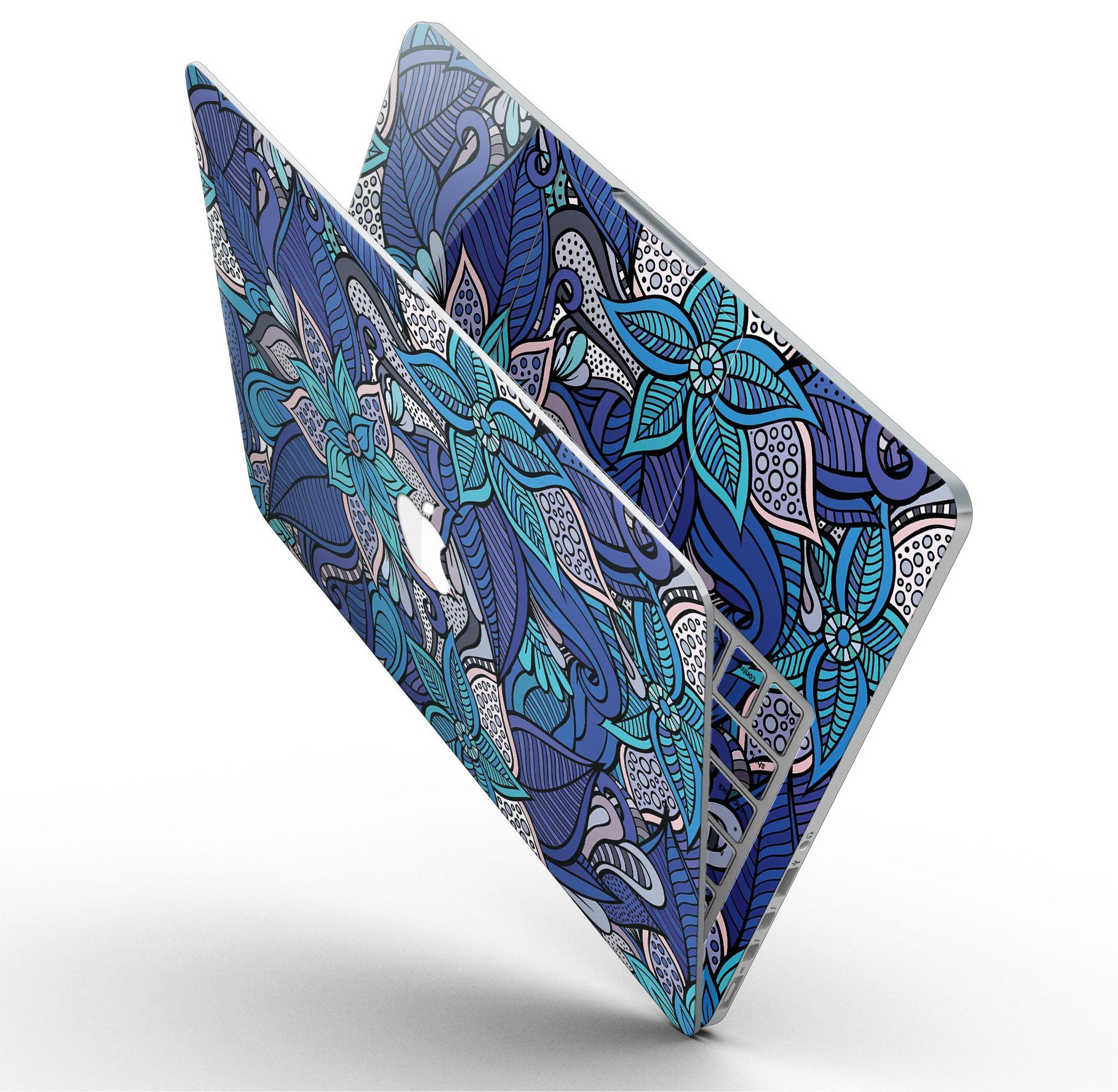 Floral Blues skin kit for MacBook Pro with Retina Display, showcasing vibrant floral design on a sleek laptop.