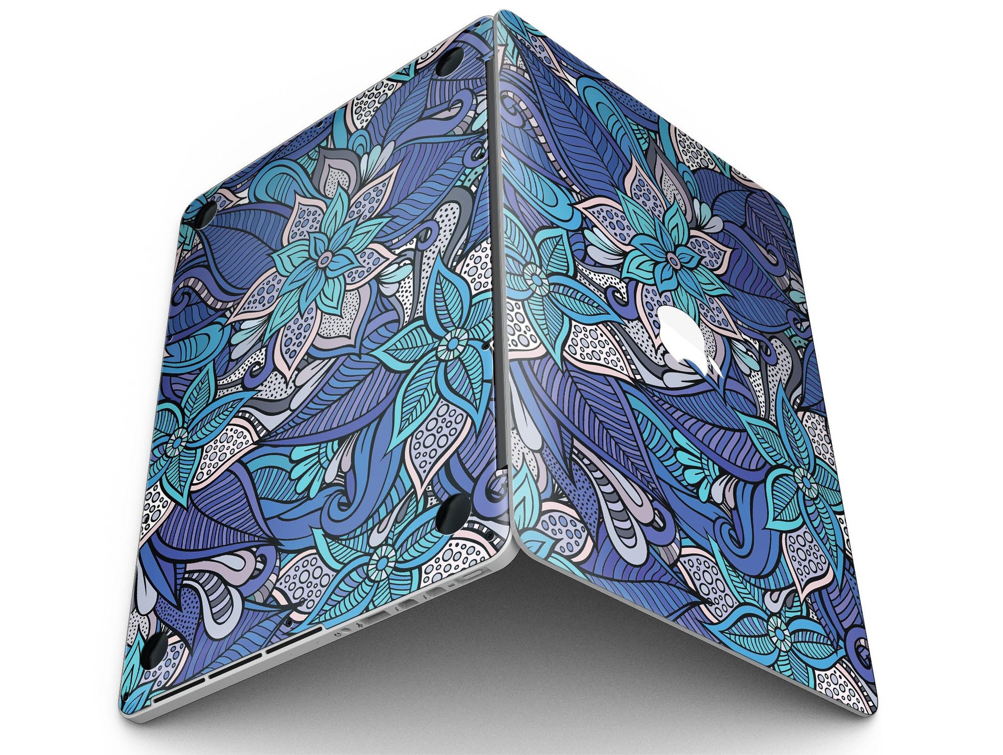 Floral Blues skin kit for MacBook Pro with Retina Display, showcasing vibrant floral design on a sleek laptop.