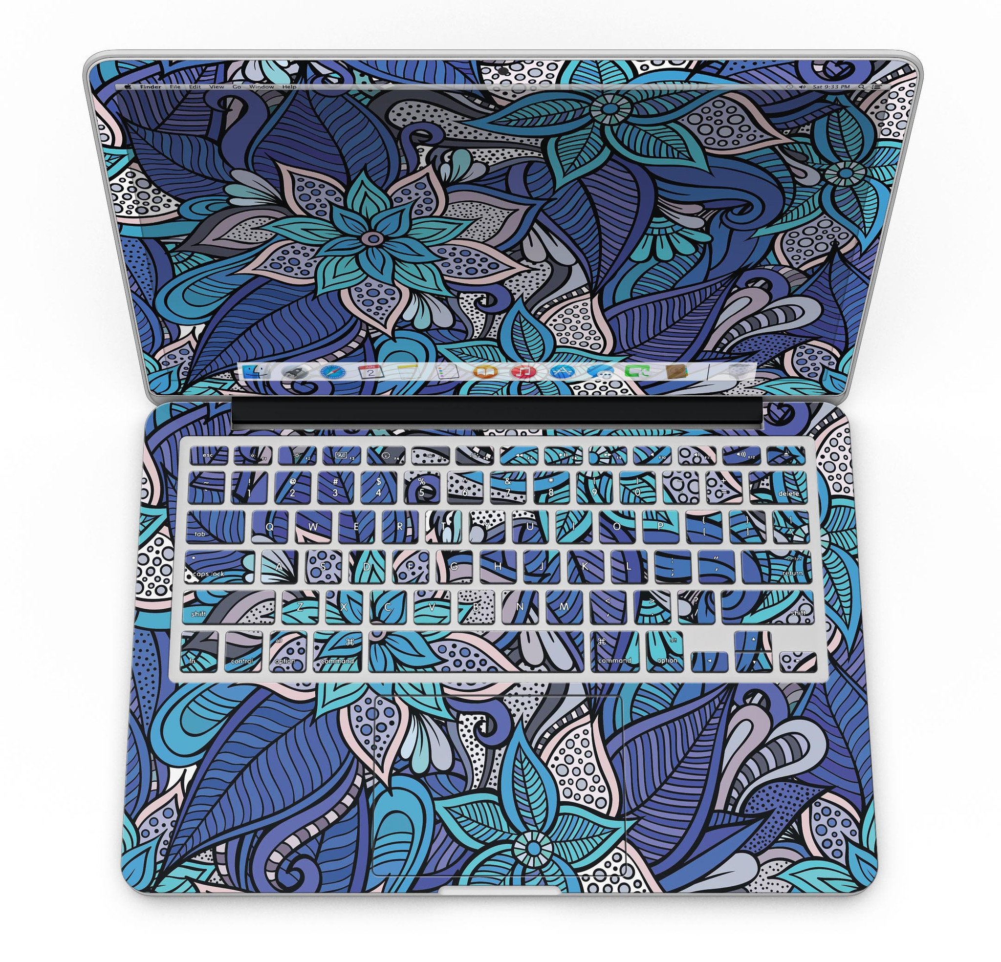 Floral Blues skin kit for MacBook Pro with Retina Display, showcasing vibrant floral design on a sleek laptop.