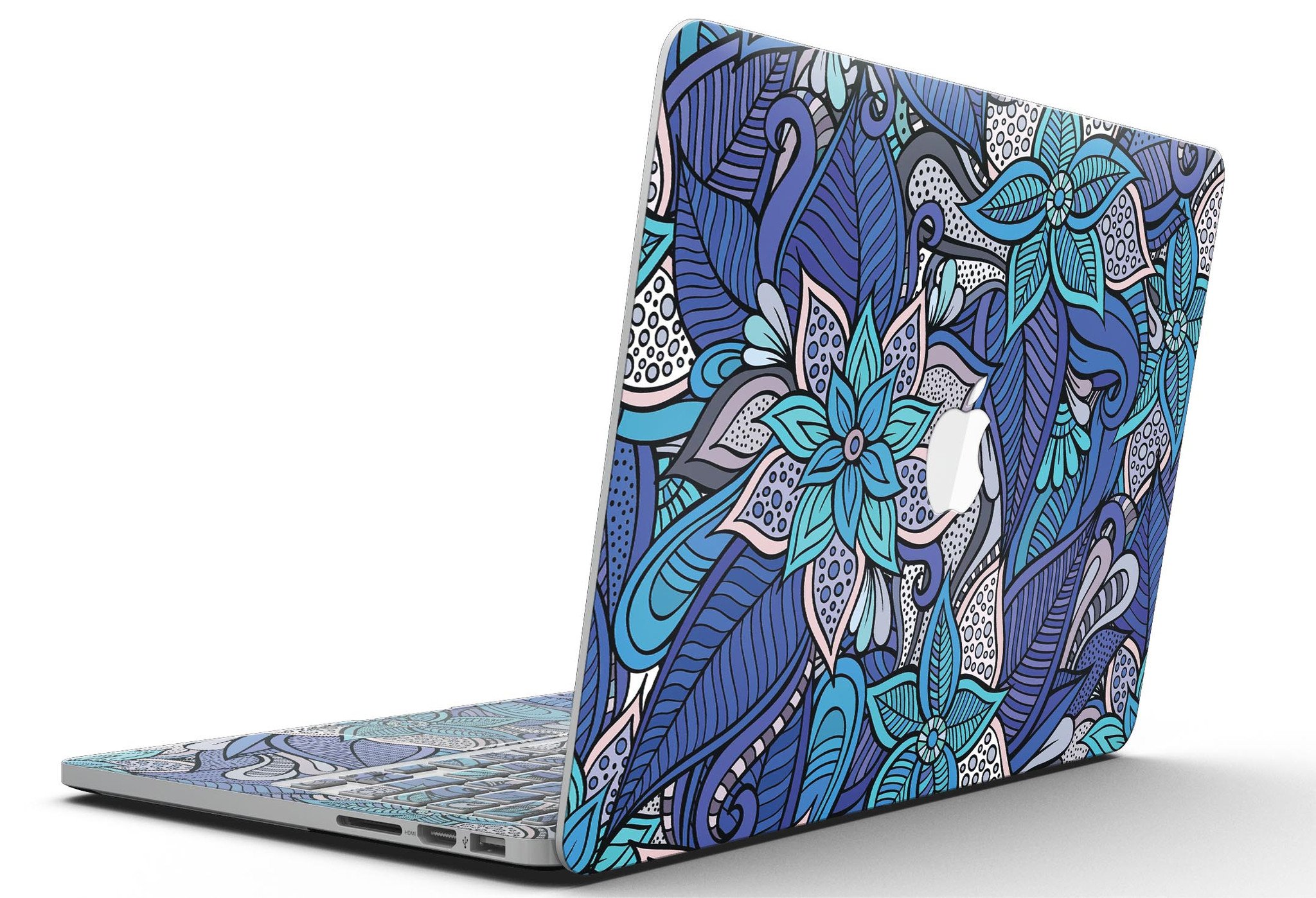 Floral Blues skin kit for MacBook Pro with Retina Display, showcasing vibrant floral design on a sleek laptop.