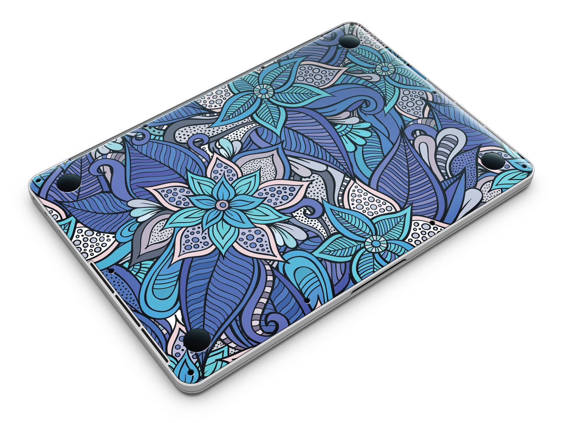 Floral Blues skin kit for MacBook Pro with Retina Display, showcasing vibrant floral design on a sleek laptop.