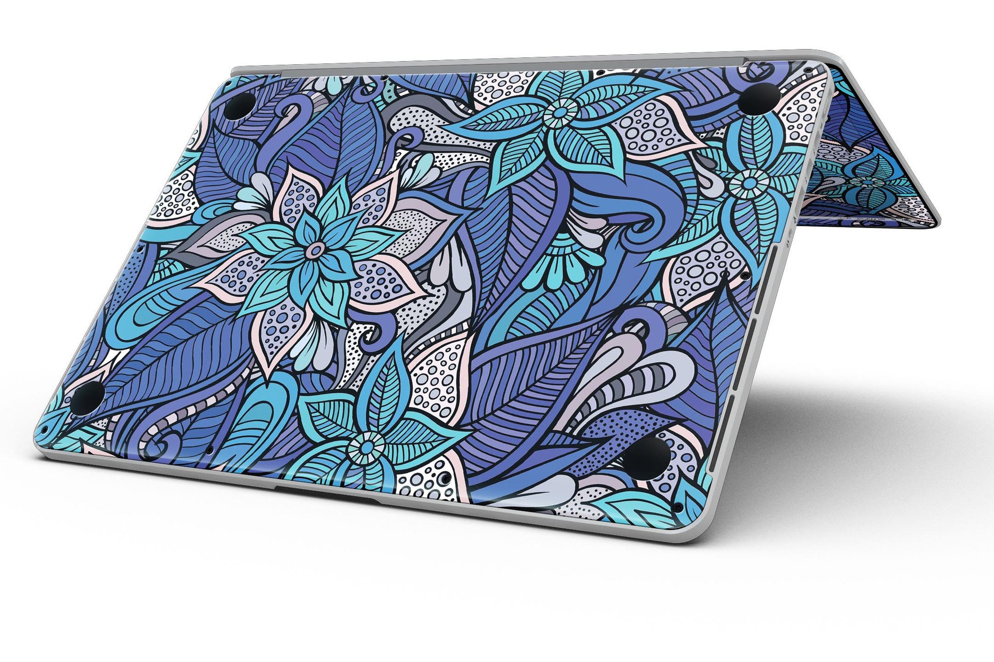 Floral Blues skin kit for MacBook Pro with Retina Display, showcasing vibrant floral design on a sleek laptop.