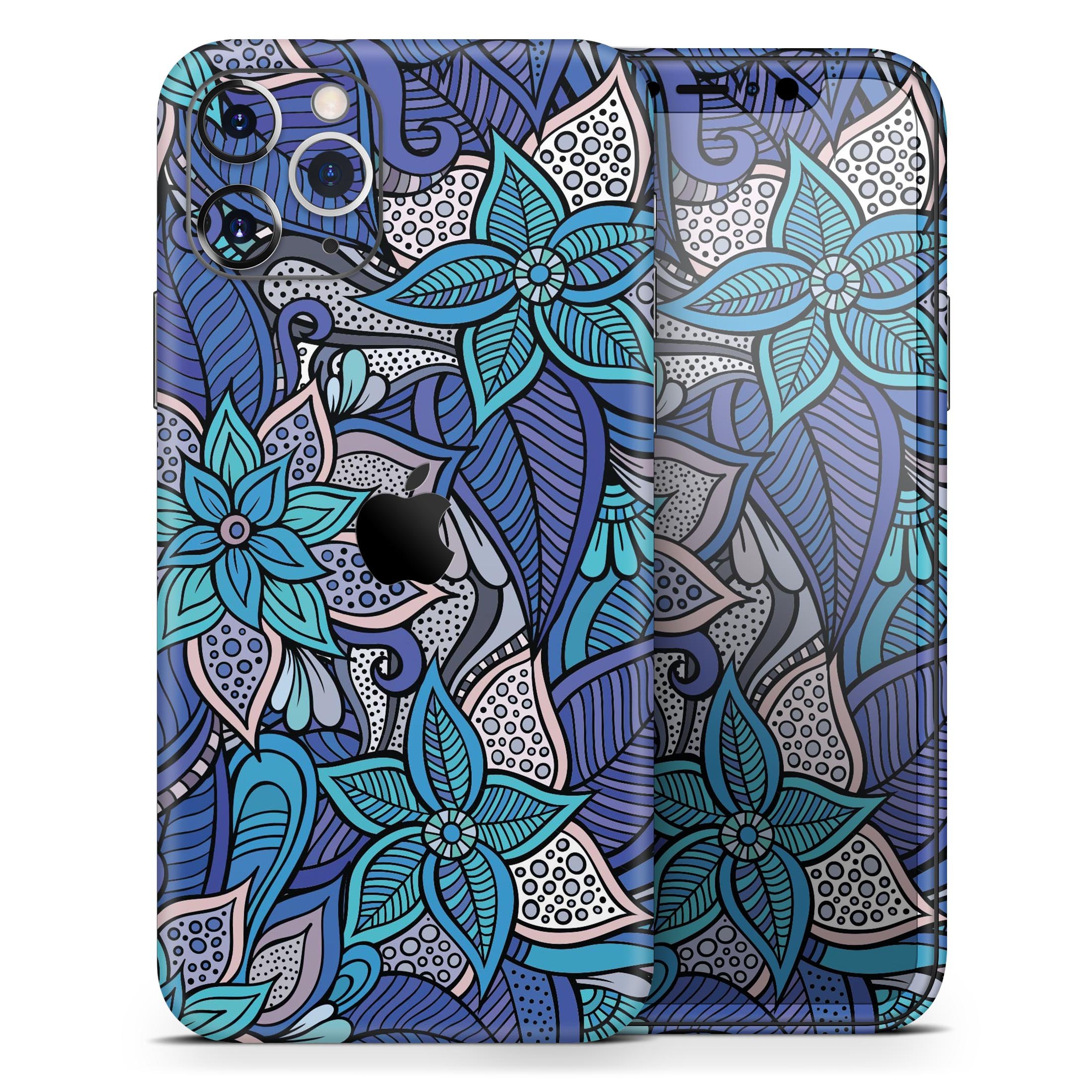 Floral Blues Skin-Kit for Apple iPhone 13 and 13 Pro, showcasing vibrant floral patterns on a sleek vinyl surface.