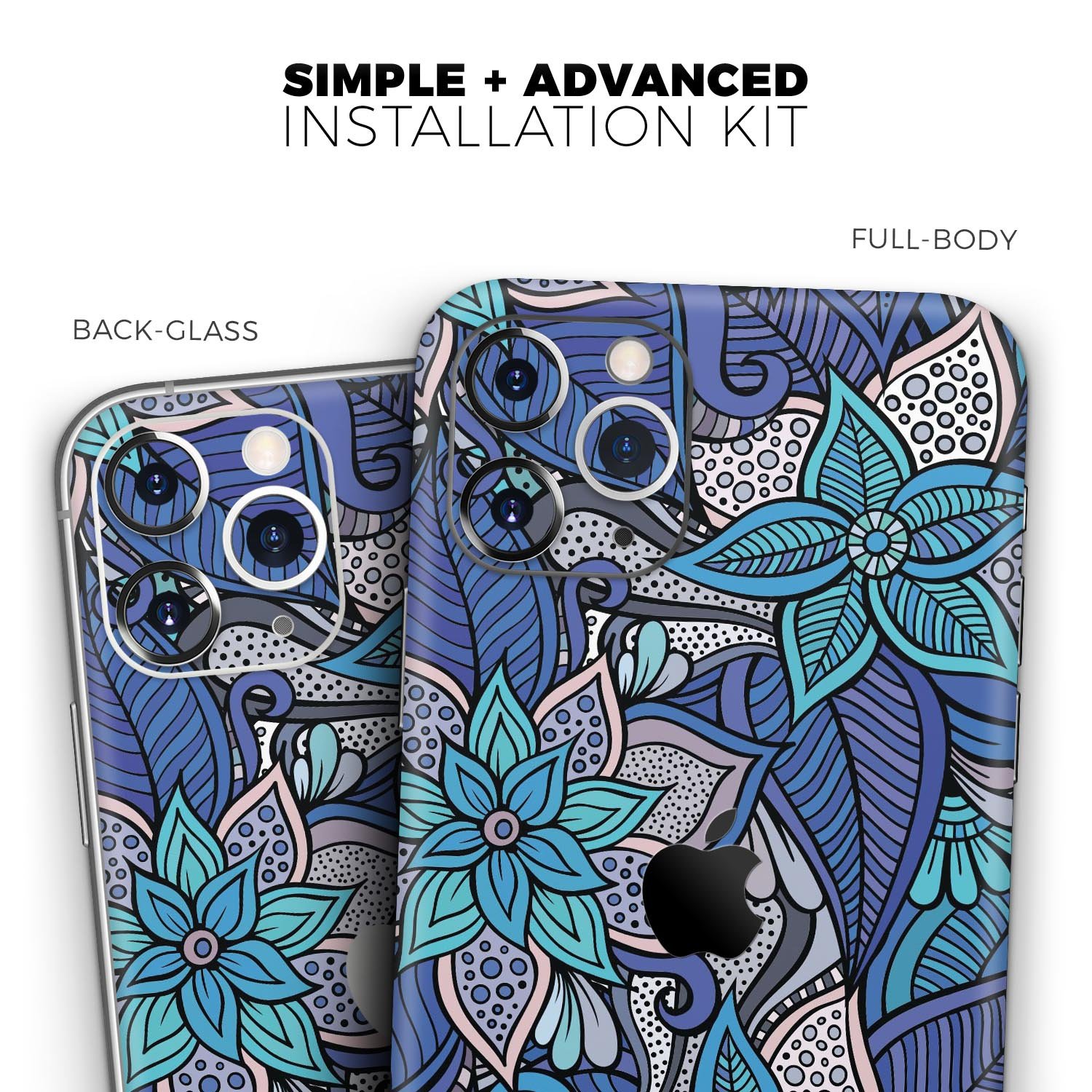 Floral Blues Skin-Kit for Apple iPhone 13 and 13 Pro, showcasing vibrant floral patterns on a sleek vinyl surface.