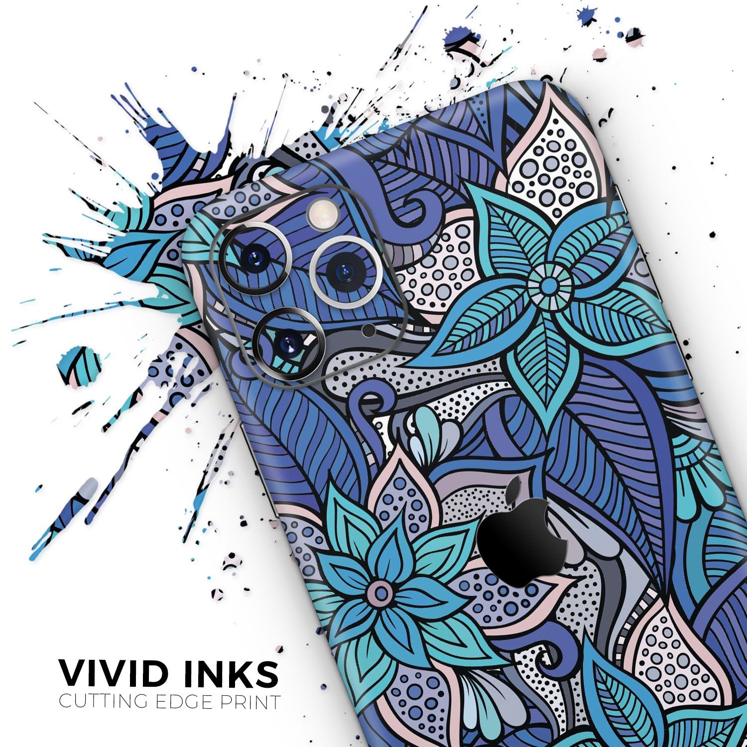 Floral Blues Skin-Kit for Apple iPhone 13 and 13 Pro, showcasing vibrant floral patterns on a sleek vinyl surface.