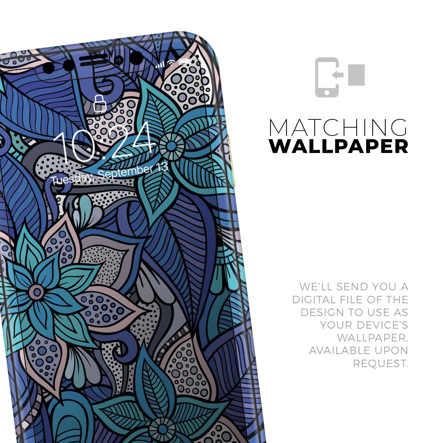 Floral Blues Skin-Kit for Apple iPhone 13 and 13 Pro, showcasing vibrant floral patterns on a sleek vinyl surface.