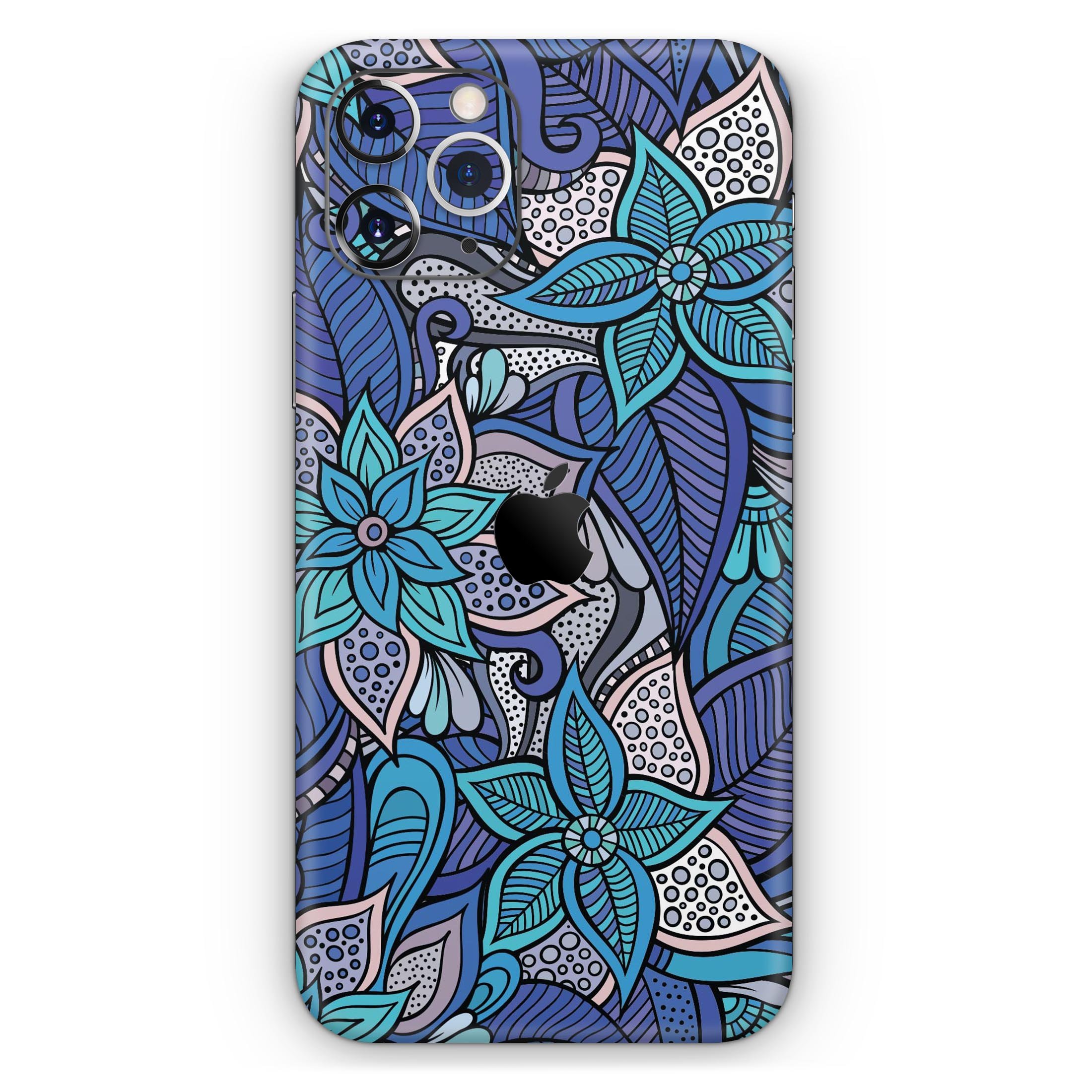 Floral Blues Skin-Kit for Apple iPhone 13 and 13 Pro, showcasing vibrant floral patterns on a sleek vinyl surface.