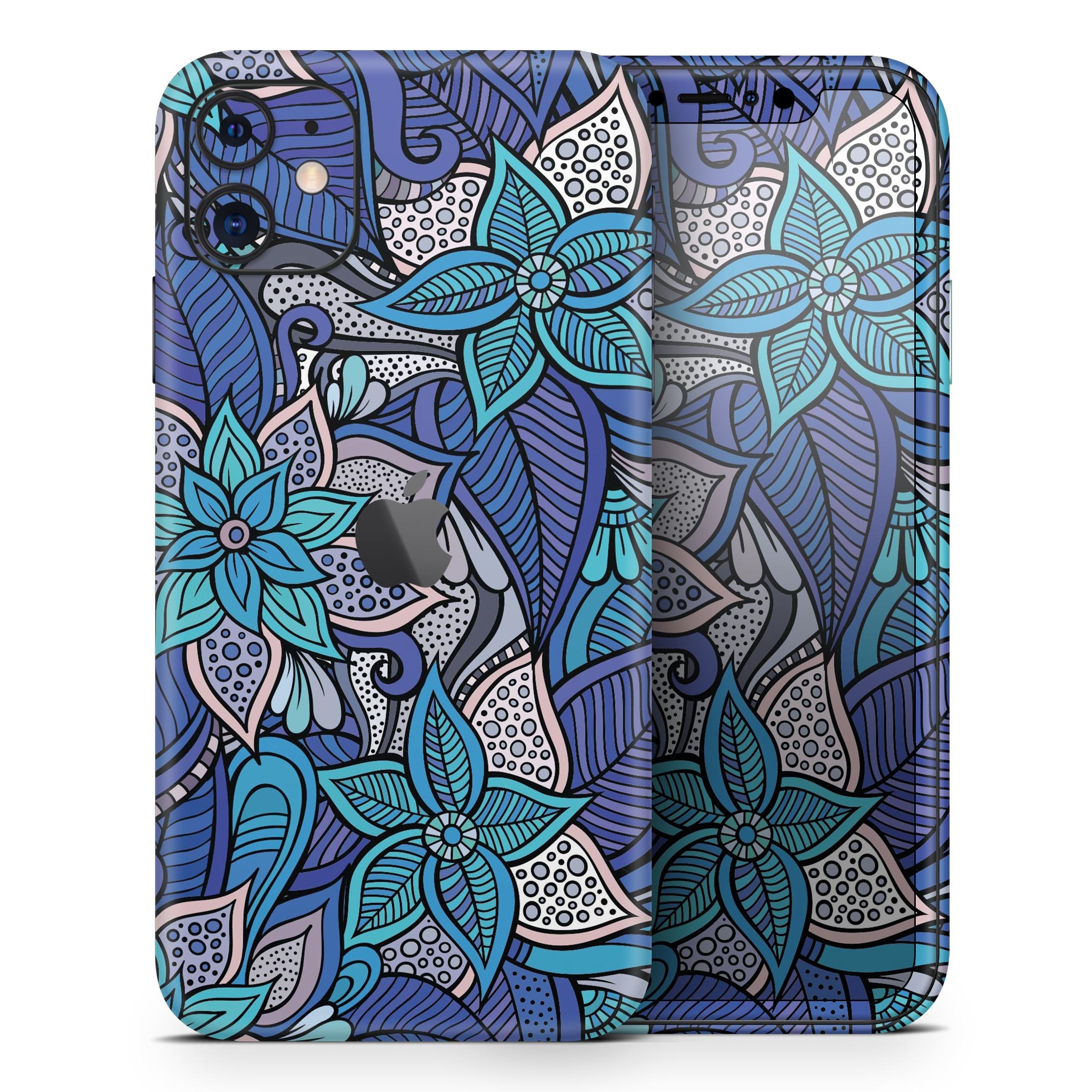 Floral Blues Skin-Kit for Apple iPhone 13 and 13 Pro, showcasing vibrant floral patterns on a sleek vinyl surface.