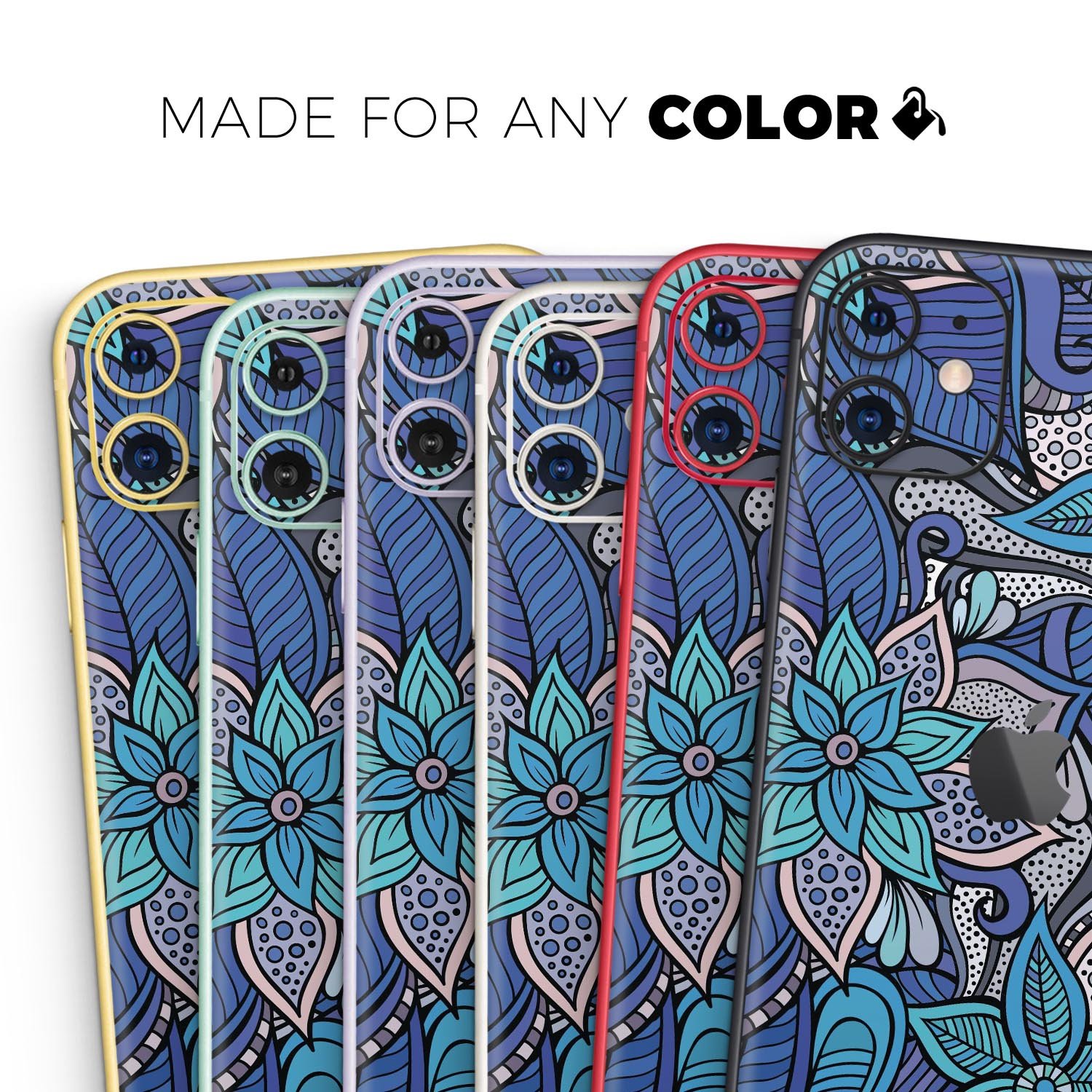 Floral Blues Skin-Kit for Apple iPhone 13 and 13 Pro, showcasing vibrant floral patterns on a sleek vinyl surface.