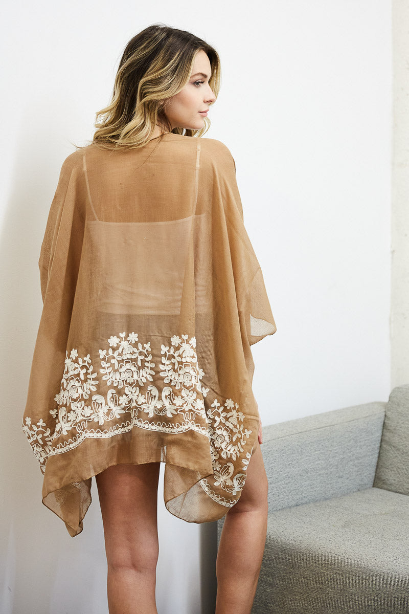 A lightweight floral embroidered stitched kimono, perfect for summer layering, featuring intricate floral designs and a flowing silhouette.