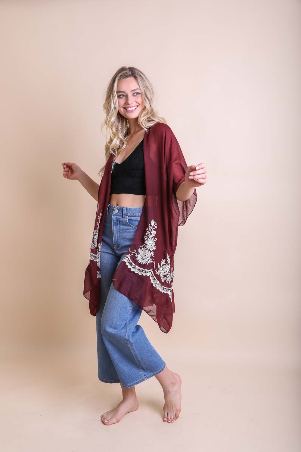 A lightweight floral embroidered stitched kimono, perfect for summer layering, featuring intricate floral designs and a flowing silhouette.