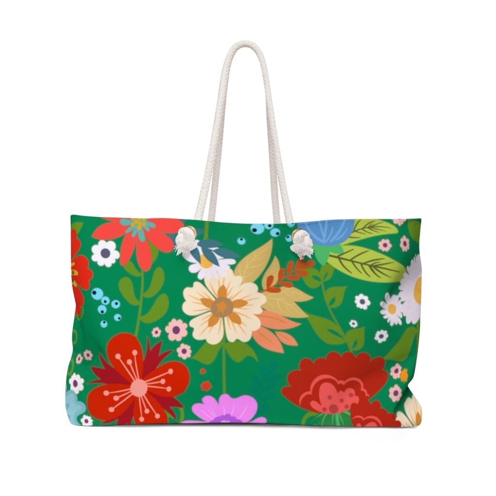 Floral Green Handbag, a spacious Weekender Tote Bag with thick rope handles and a vibrant floral pattern.