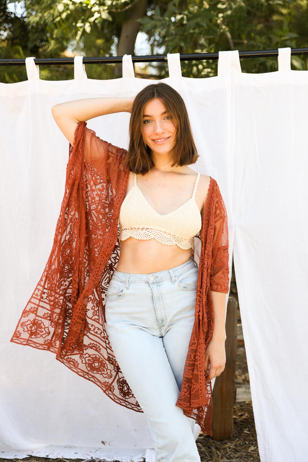 A lightweight floral mandala mesh kimono featuring intricate embroidery, perfect for casual wear.